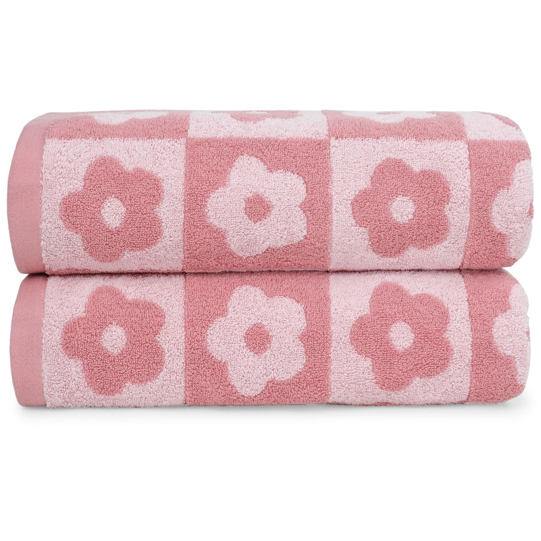 Jacquotha 2-Pieces Luxury Bath Towels Checkered Floral Pink Towels for Women Girls Shower Body 27 5x55 Inches Bathroom