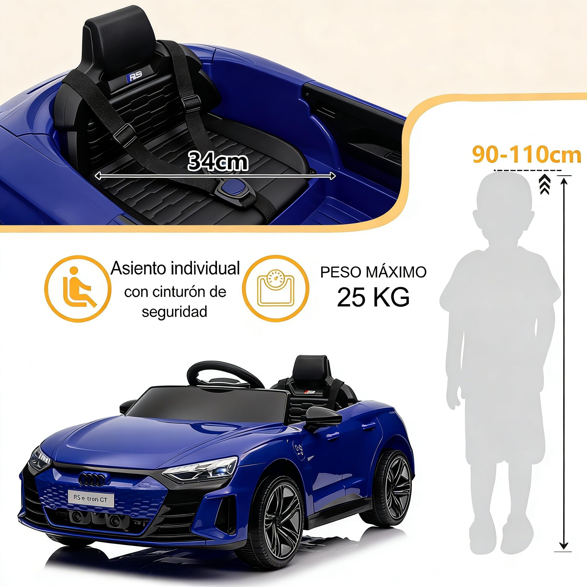 LALAHO Coche Eléctrico para Niños Audi RS E-Tron 12V con Doble Motor, 3-5 km/h Auto Eléctrico para Niños de 3 a 5 Años, MP3, Mando a Distancia (Azul) — view 6