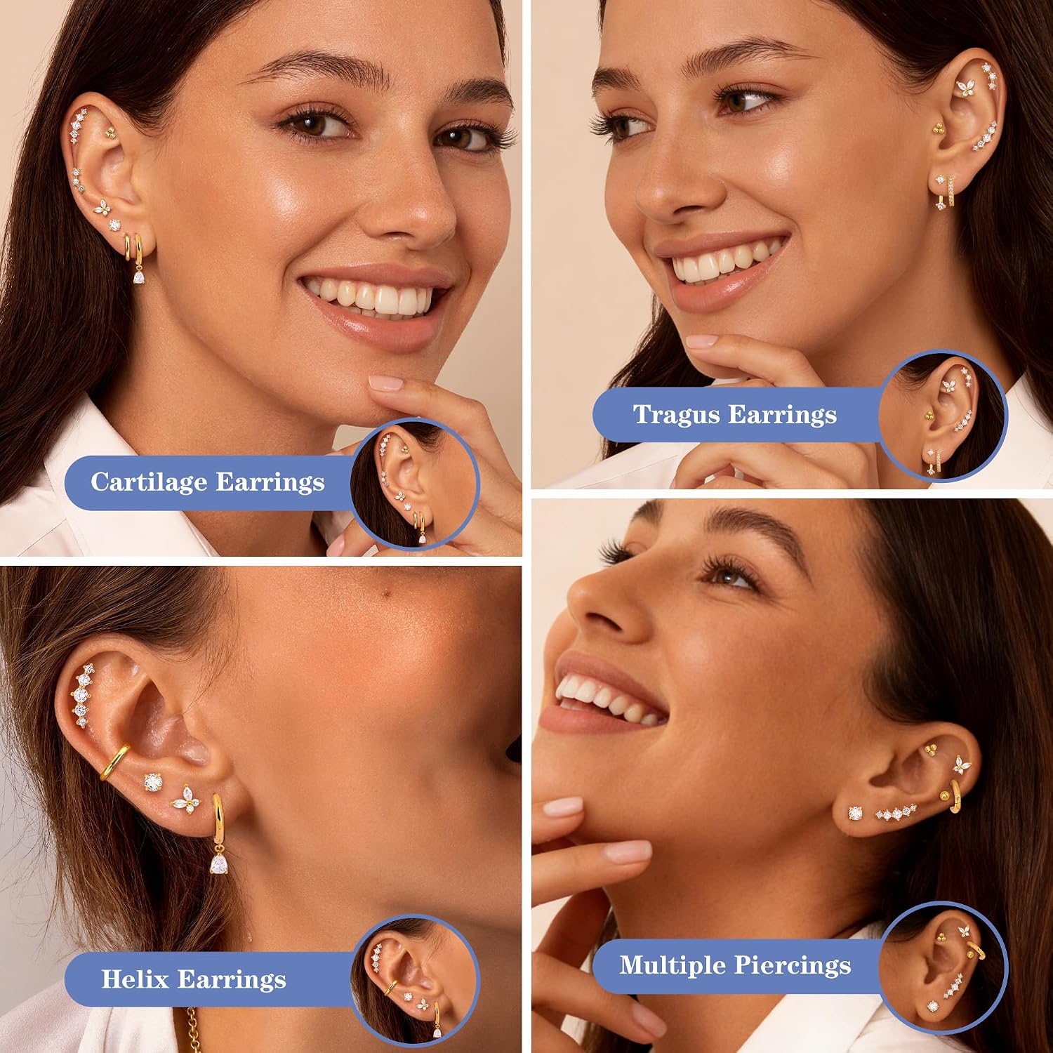 DEWEN Hypoallergenic Flat Back Earrings Set for Women | Cartilage Earrings Stacks | 14K Gold Plated Surgical Steel Studs | Hoop Earring Sets for Women | Small Helix Flatback Studs for Ear Piercing