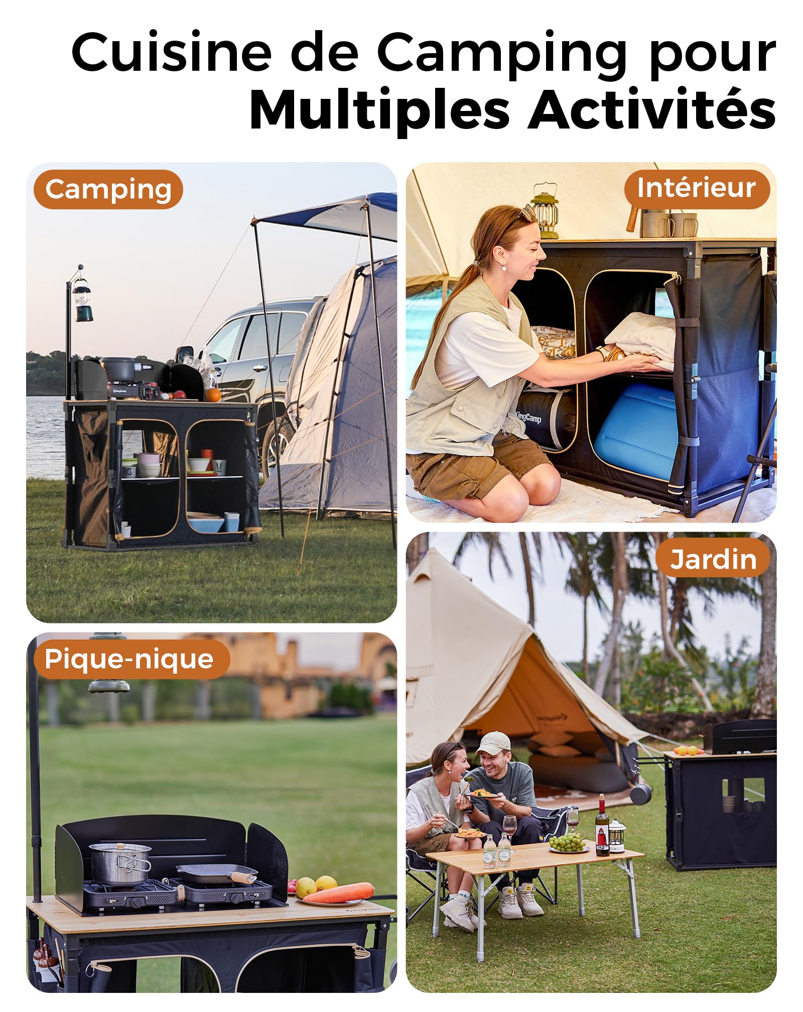 KingCamp Cuisine de Camping Pliable et Portable Meuble Cuisine Outdoor en Bambou/Aluminium avec Rangement, Paravent et Support Lampe, Évier Intégré, Idéal pour Vanlife, Camping, Pique-Nique et BBQ