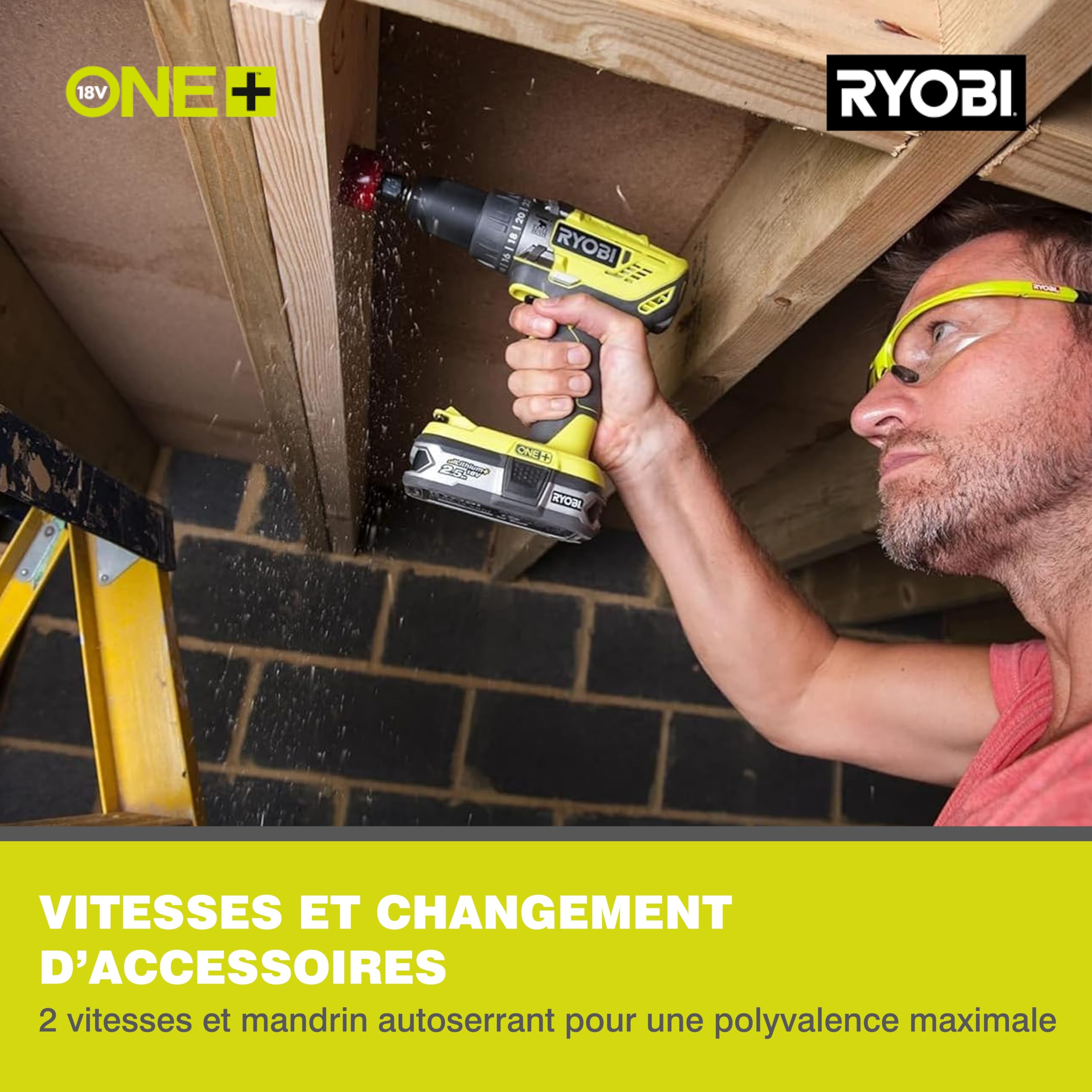 RYOBI - Perceuse-visseuse à percussion 18V - 2 vitesses - 50 Nm - 500-1 800 tr/min - réglage de couple 24 positions - mandrin 13 mm livrée avec 1 batterie 2Ah et son chargeur - R18PD32-1C20G
