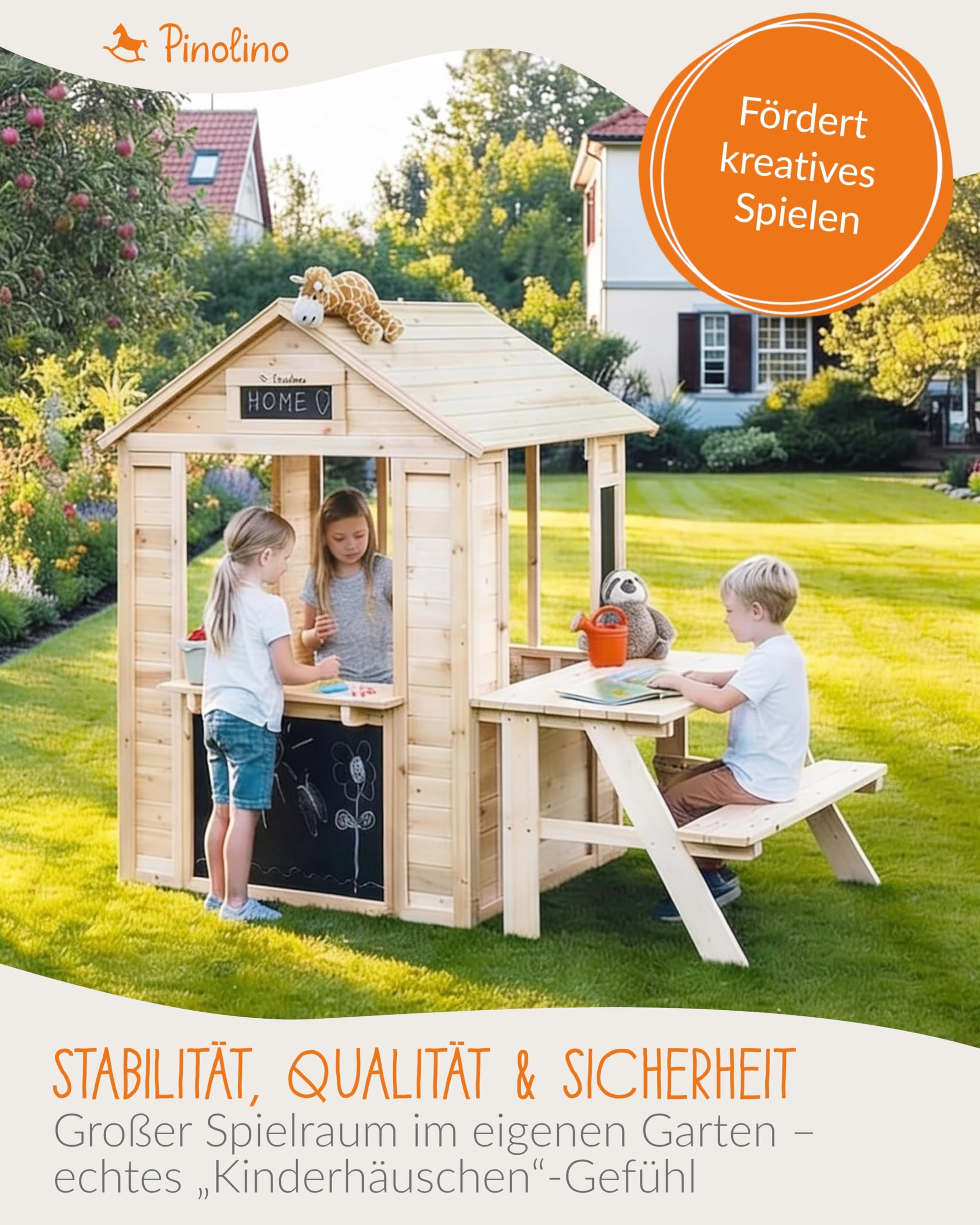PINOLINO Outdoor Spielhaus Knut aus Massivholz I Kinder Gartenhaus mit Drehtür, 5 Ablagen & 2 Blumenkästen I Spielhaus mit 4 Kreidetafeln für Garten & Terrasse I 116 x 104 x 137 cm