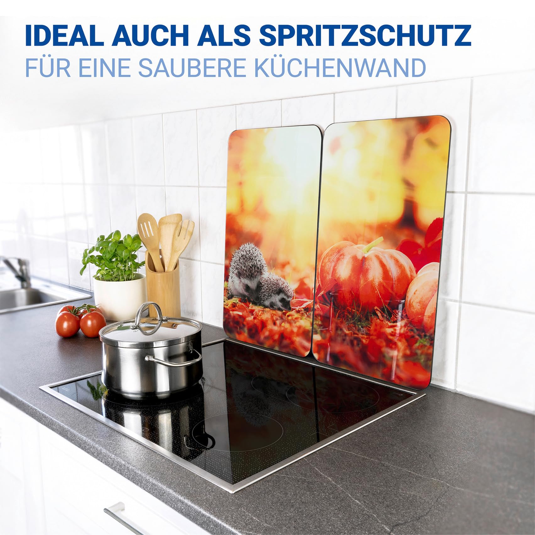 WENKO Plaque de Recouvrement Universelle Mod Automne, réglable en hauteur pour tous types de cuisinières, planche à découper et protection anti-éclaboussures, verre, 30 x 52 cm, 2 pièces