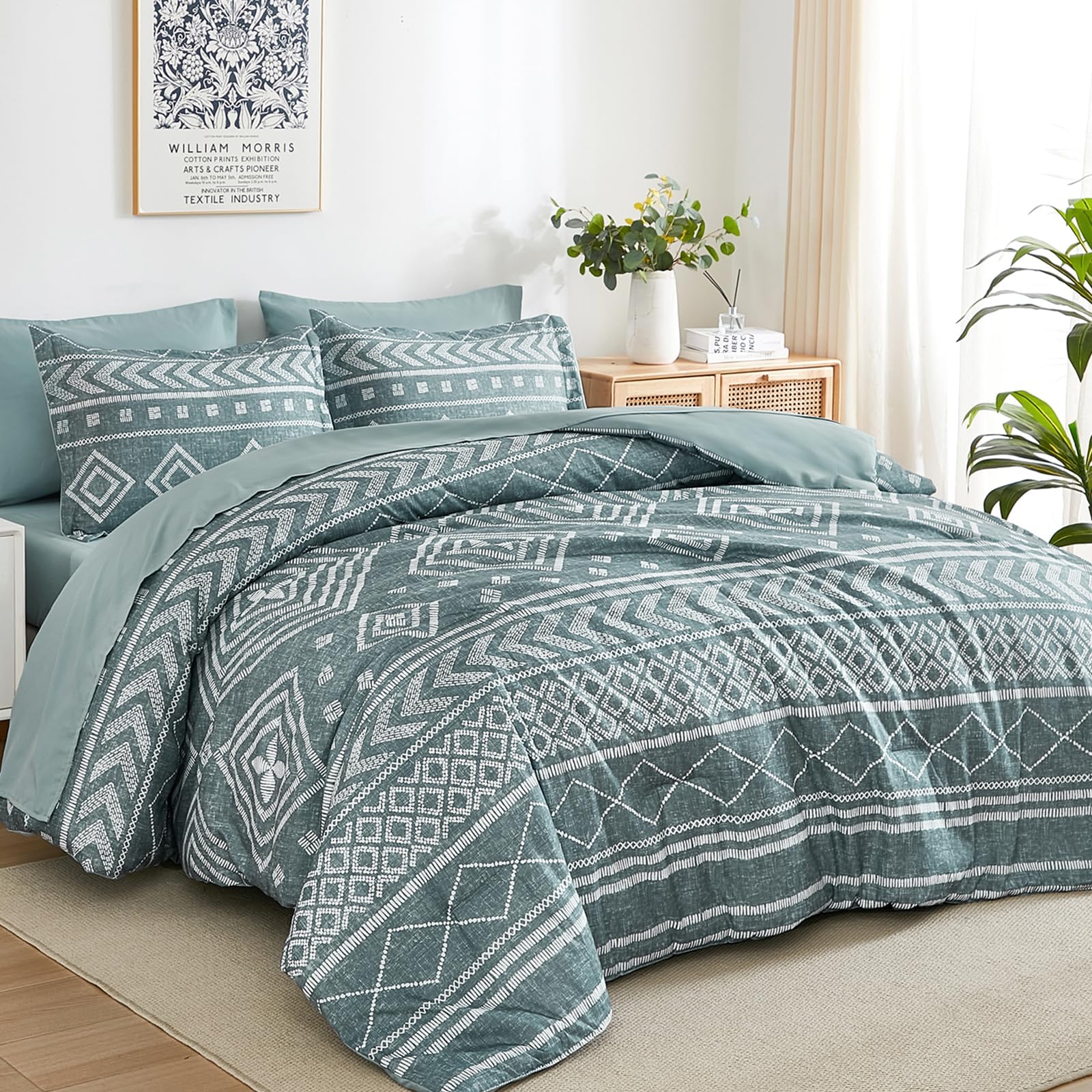 Yiran Boho Aztec Comforter Set King Size, Grayish Blue Comforter Bedding Set, 7 Piece Bed in a Bag, Soft Microfiber Bohemian Striped Complete Bedding Set with Sheets for All Season