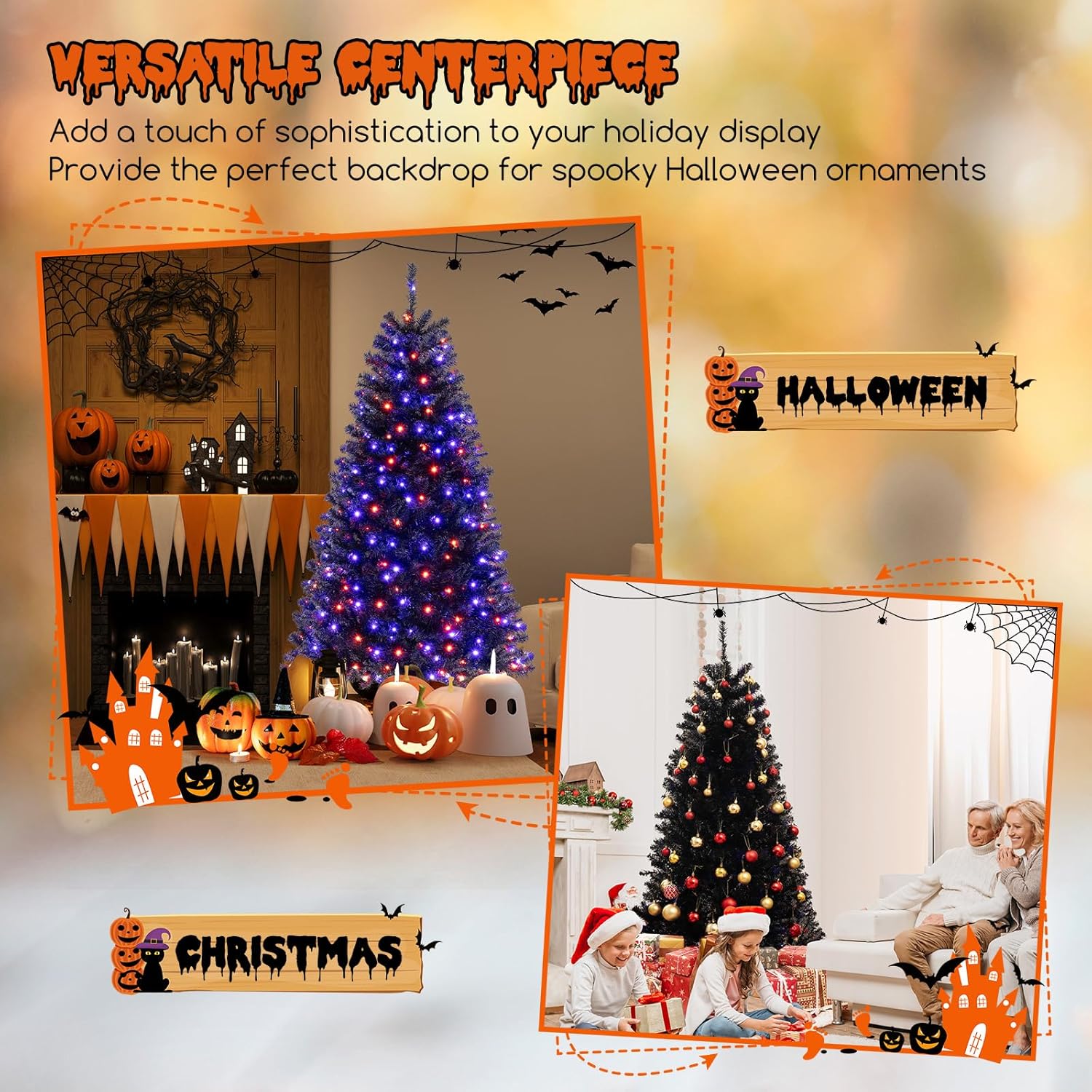Goplus 6 FT Pre-Lit Black Christmas Tree, Artificial Hinged Halloween Tree with 280 Orange & Purple LED Lights, 6 Lighting Modes, Spooky Sounds, 758 Branch Tips, Xmas Tree for Home Office Decoration 6 FT Orange+purple