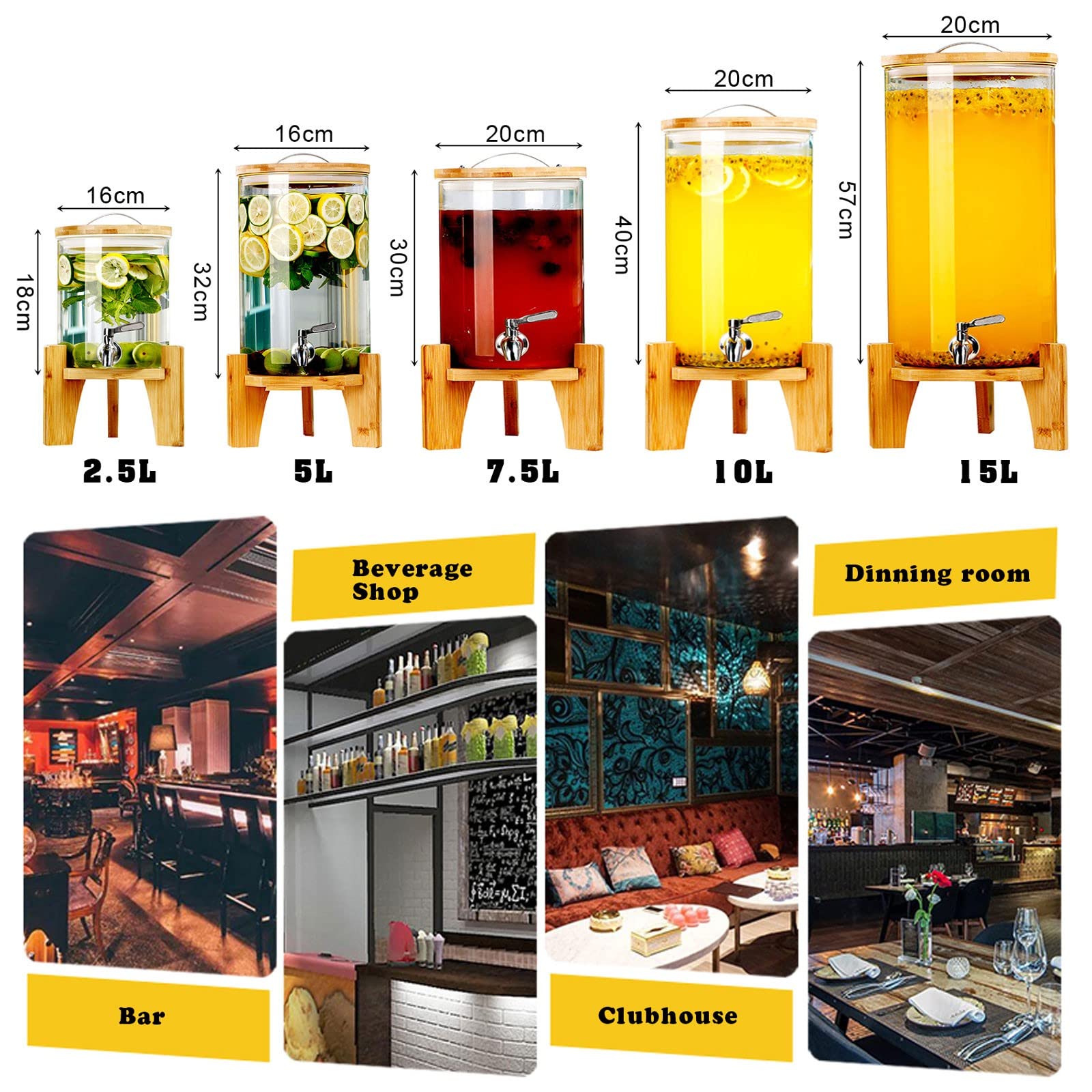 Dispenser per bevande in vetro con beccuccio in acciaio inox e supporto in bambù, dispenser per bevande durevoli per uso domestico o commerciale, ideale per bevande calde e fredde alle feste