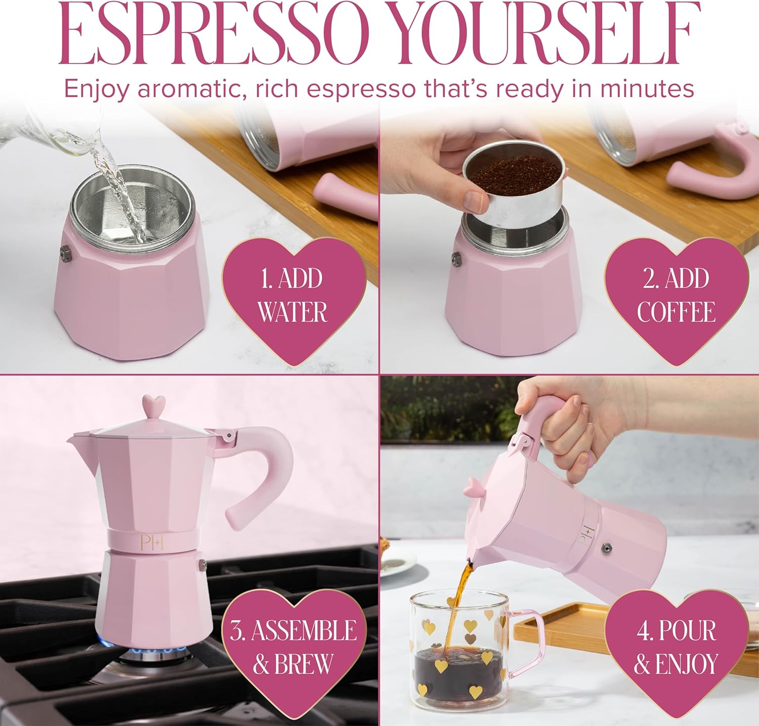 Paris Hilton Stovetop Espresso and Coffee Maker, Italian & Cuban Style Coffee Pot with Iconic Heart Knob, Perfect for Rich Aromatic Espresso, Makes up to 6 Espresso Cups, Pink