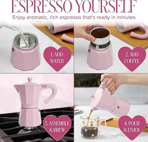 Miniatura 6 de Cafetera de Espresso y Café Paris Hilton para Estufa, Cafetera de Estilo Italiano y Cubano con Manija Icónica en Forma de Corazón, Perfecta para