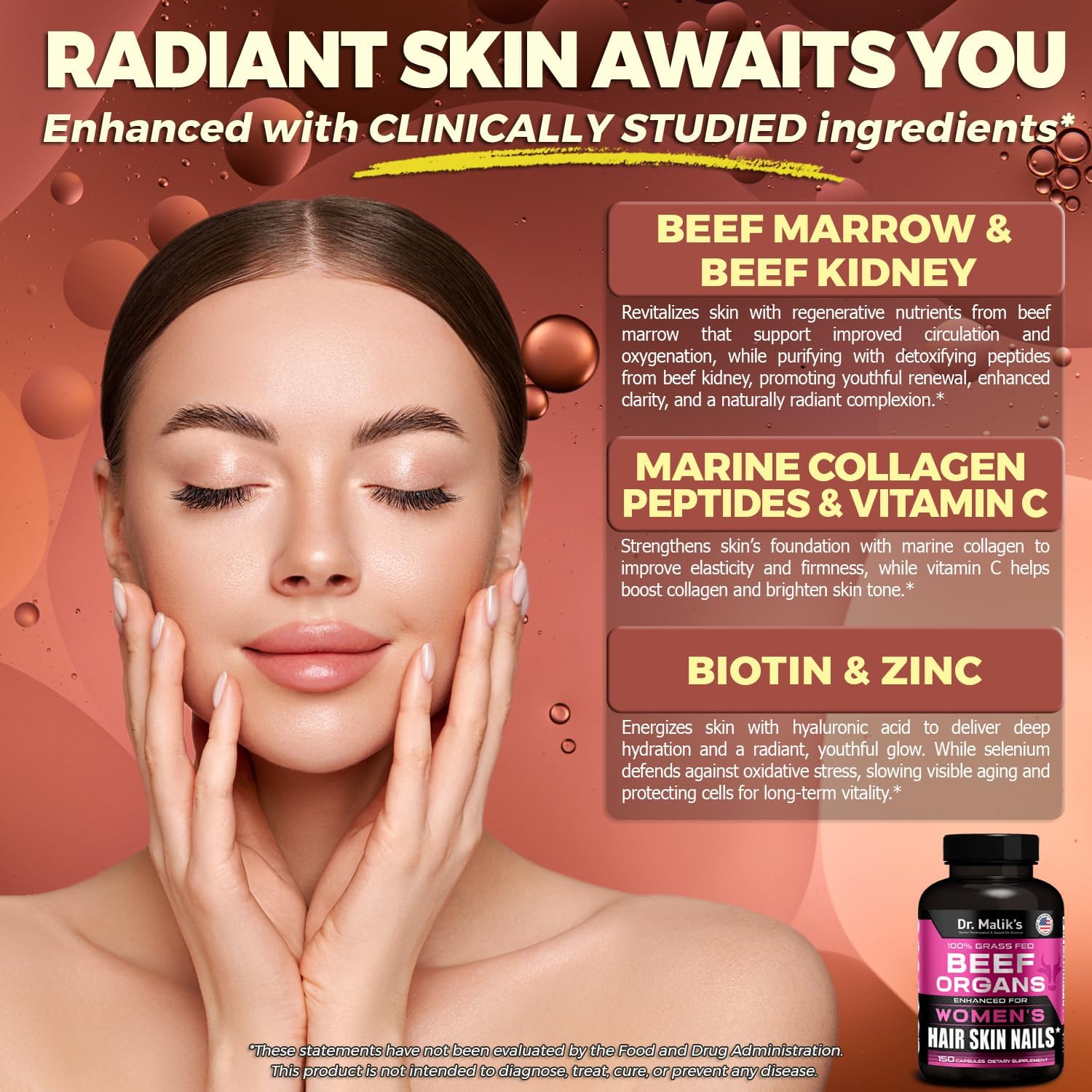 Primal Beef Organ Supplement for Women + 8 Hair Growth Vitamins, Queen Blend for Hair Skin and Nails, Biotin (10,000mcg), Collagen Peptides, Beef Liver MD Formulated, 4 Beef Organs for Women 150 Caps