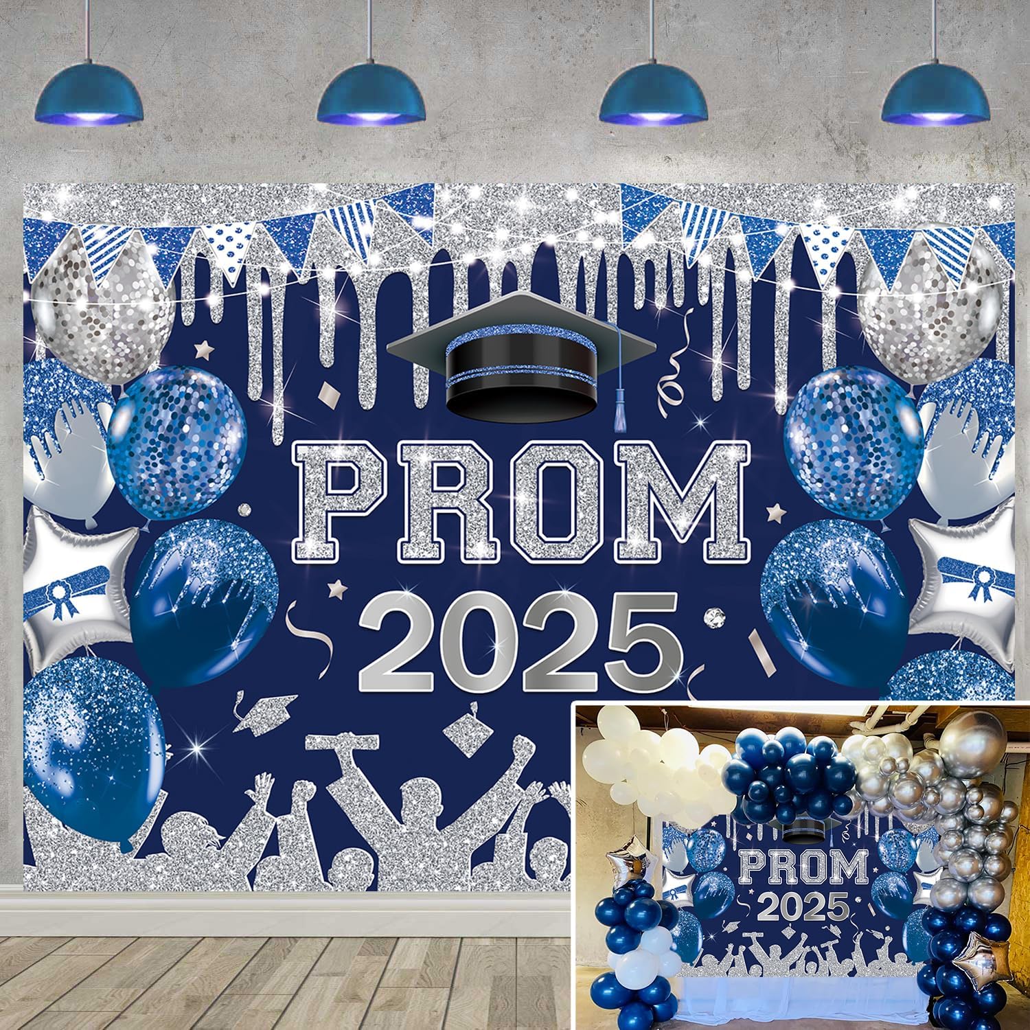 Blue Sliver 2025 Prom Night Party Backdrop Royal Blue