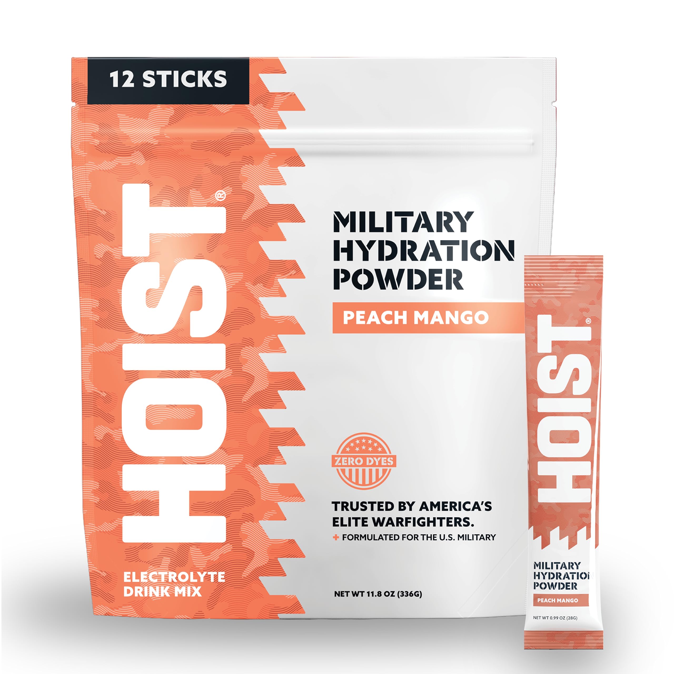 HOIST Electrolyte Drink Mix Powder Sticks – Rapid Rehydration, Military Hydration Formula – Peach Mango (12 Single-Serve Packs)