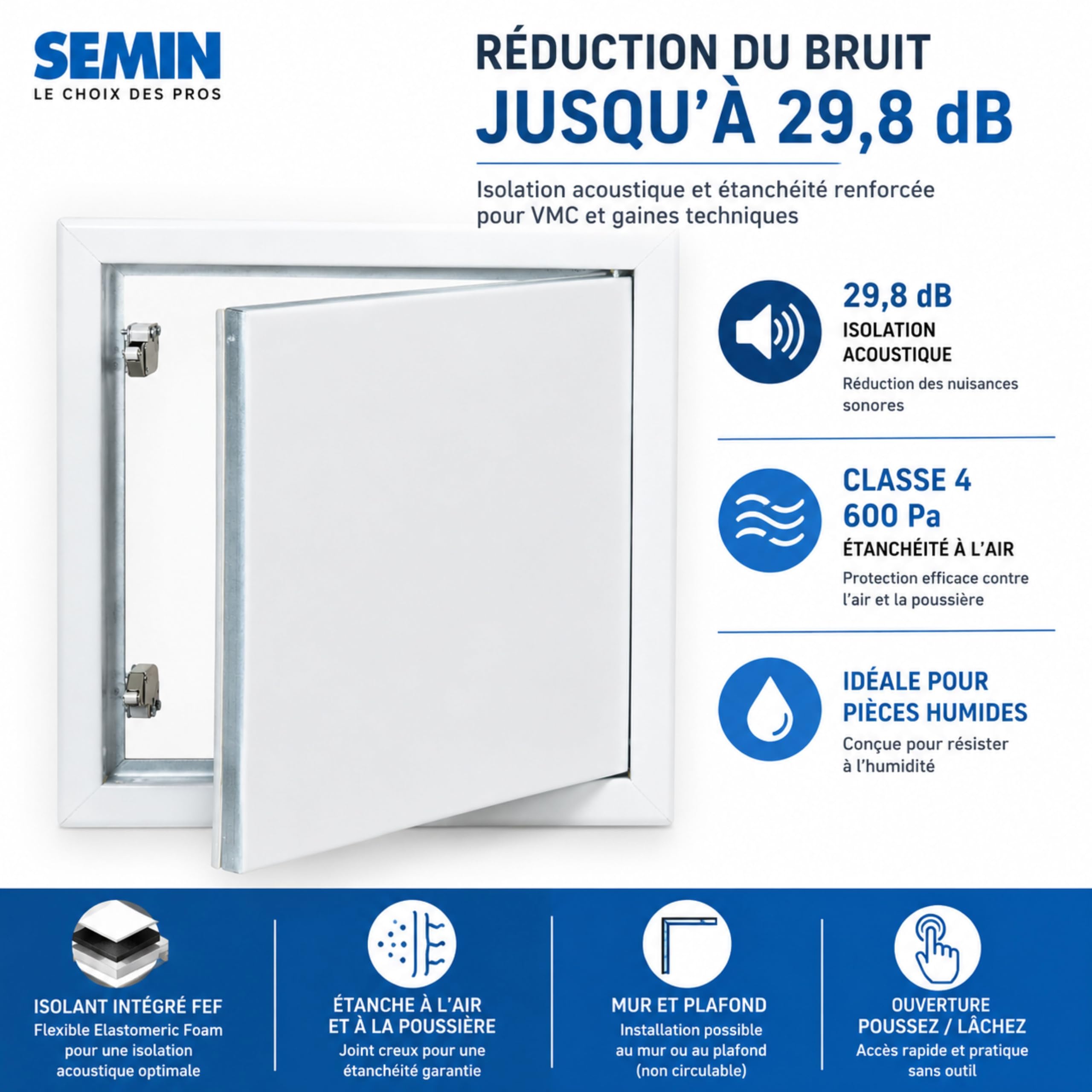 SEMIN Trappe de Visite HQ 500 x 500 mm – Trappe Métallique Laquée Blanche – Isolante Acoustique 29,8 dB – Étanche à l’Air et à la Poussière – Mur et Plafond – VMC et Gaines Techniques