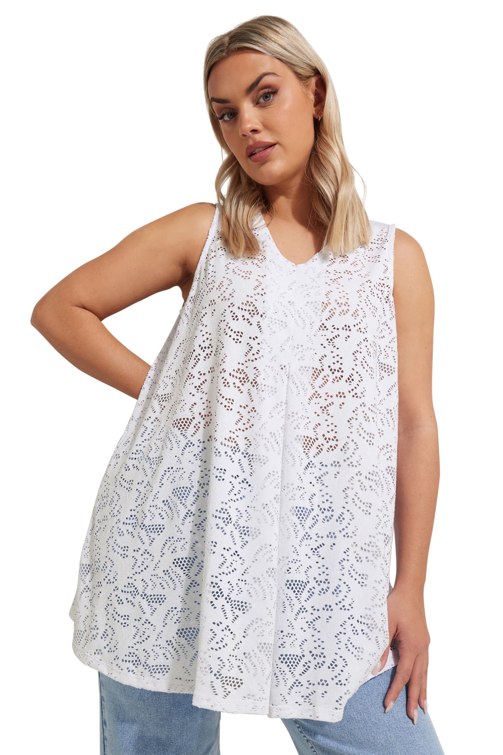 Yours Women's White Curve Broderie Anglaise Pleat Front Swing Vest Top - Plus Size Curve
