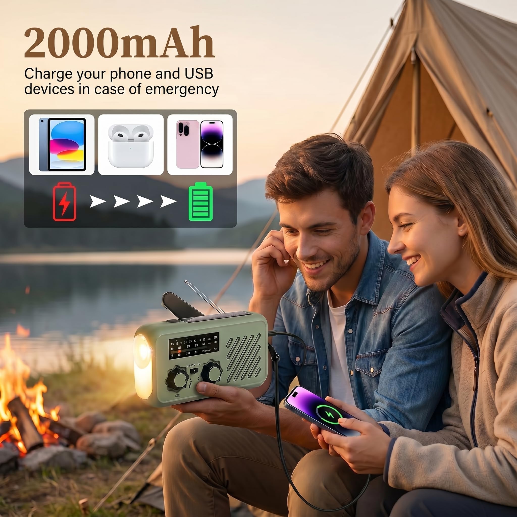 Radio di Sopravvivenza, Ricarica Tripla (Manovella/Solare/USB), Batteria 2000mAh Powerbank, SOS, Torcia LED - Kit Completo con Cinturino & Cuffie per Campeggio, Escursionismo, Emergenza