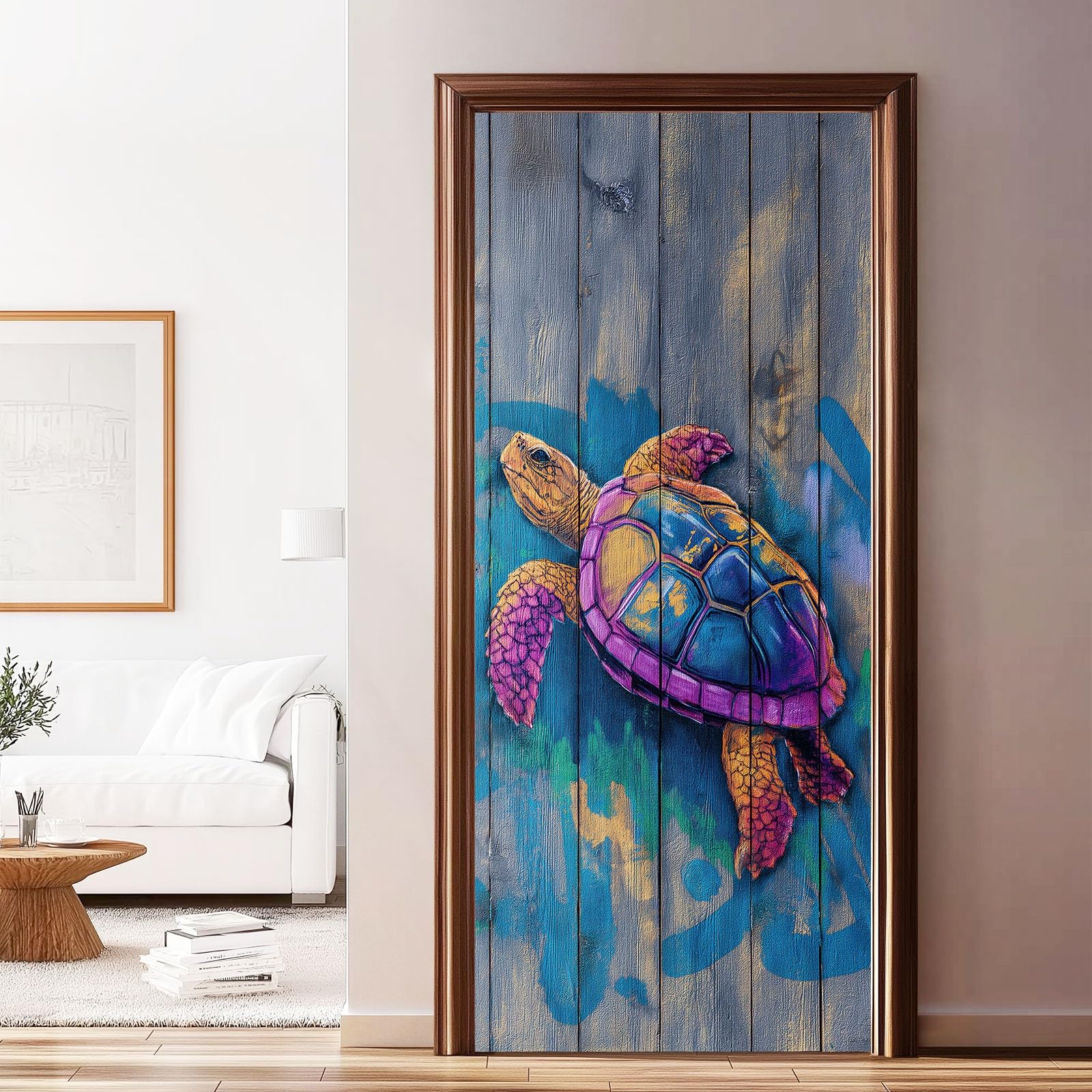 Sticker Porte 3D Animal 95 x 215 cm, Bleu Autocollants de Porte Peinture Graffiti Tortue Auto-adhésif Imperméable Amovible pour Décoration WC Chambre Entrée Placard Cuisine