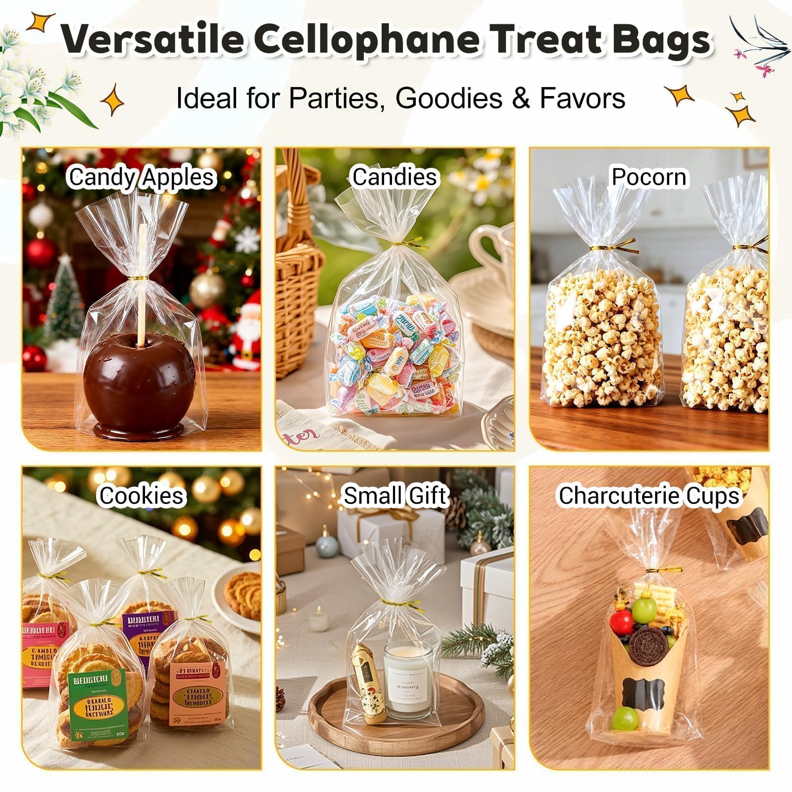 PigPotParty Bolsas de celofán de 6 x 9 pulgadas, paquete de 50 bolsas transparentes con refuerzo inferior para exhibición de pie, pequeño envoltorio de regalo de plástico para galletas, dulces