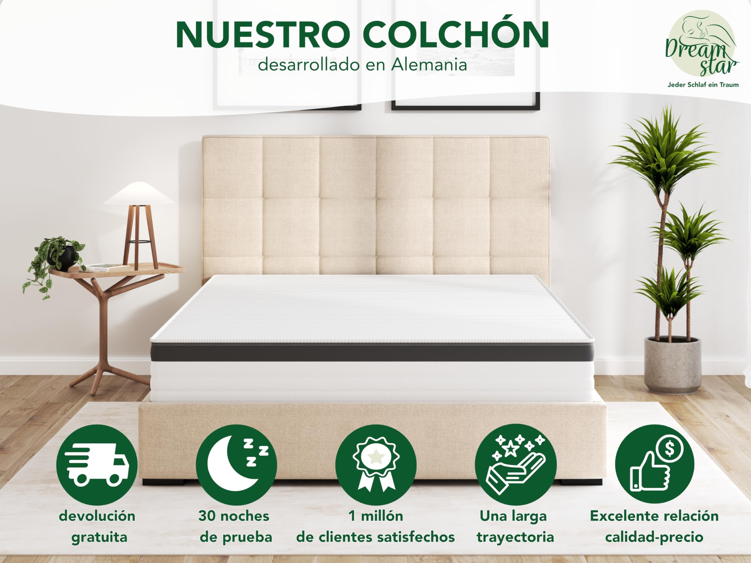 DREAMSTAR Colchón de muelles ensacados dorado, 90 x 200 cm H2, colchón ergonómico de 7 zonas, 21 cm de altura, hipoalergénico y antibacteriano, Öko-Tex®, funda doble lavable, 21 cm, 90 x 200 cm