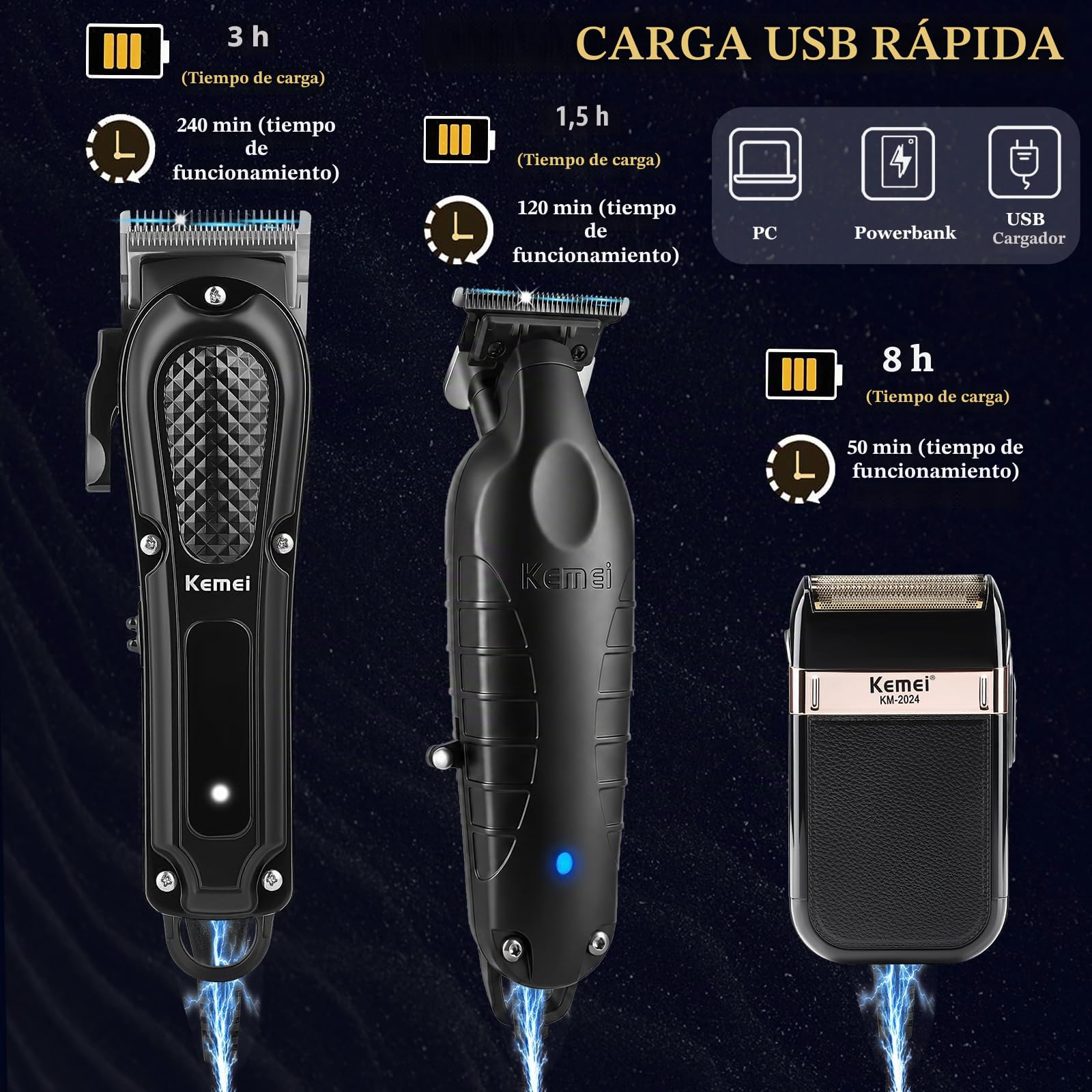 KEMEI Kit Barbería Profesional 3 en 1, Maquina de Cortar Pelo Hombre | Recortadora de Barba Inalámbrico, Afeitadora Eléctrica de Láminas, Carga USB, Cuchillas de Acero, 1071+PG2299+2024