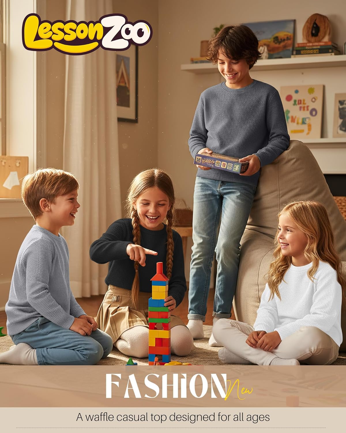 5 Pack Boy's Long Sleeve Shirts, Waffle Knit Crew Neck Tops T-Shirts Basic Layer Undershirts 5-14 Years Kids - Image 2