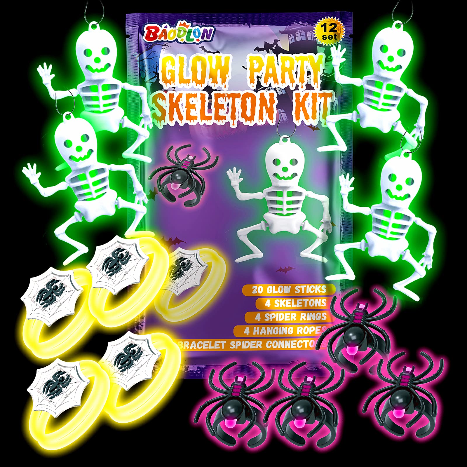 BAODLON Halloween Glow Party Skeleton Kit Party Favors for Kids - 12 Sets Glow in The Dark Party Decorations Toys and Glow...