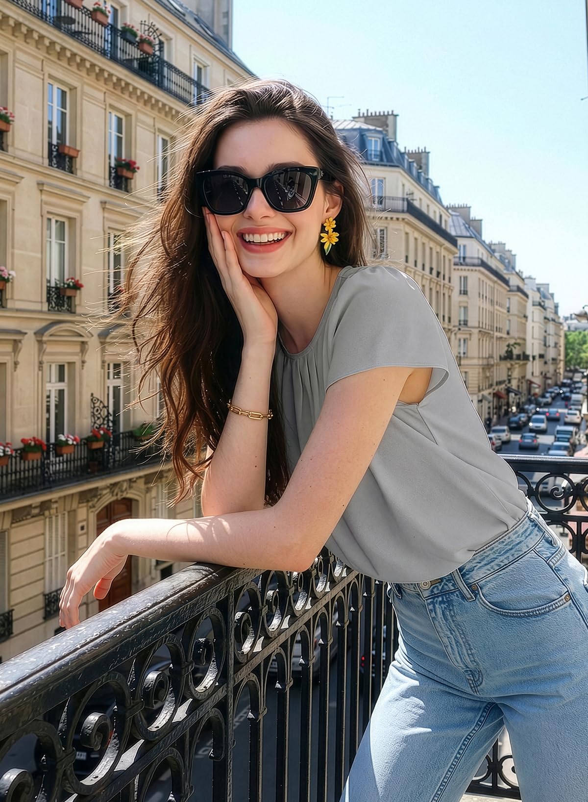 Dokotoo Women's Casual Round Neck Basic Pleated Tops Short Sleeve Loose Fit Curved Back Chiffon Blouses Tshirts