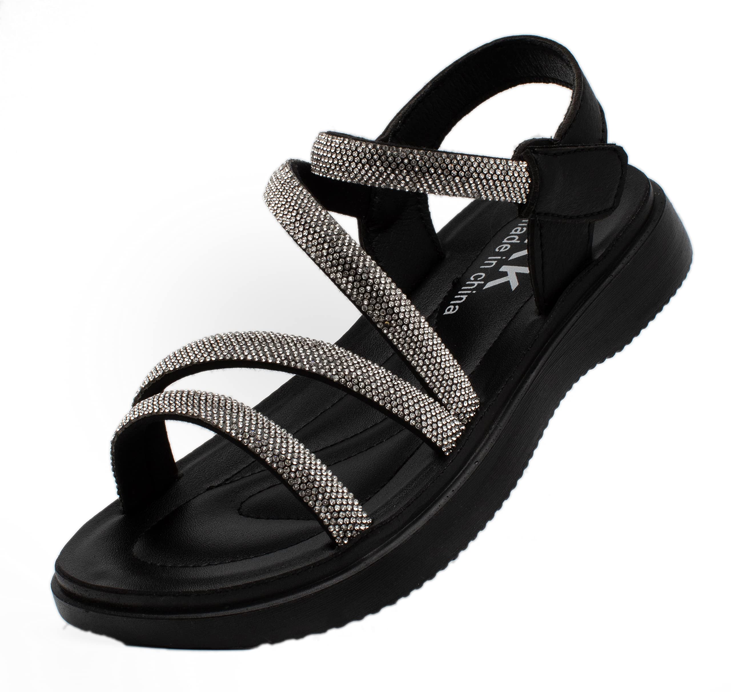 Lucky Kids Girls Open Toe Sparkly Rhinestone Multi Strap Slip on Flat Dress Sandals for Little Kid