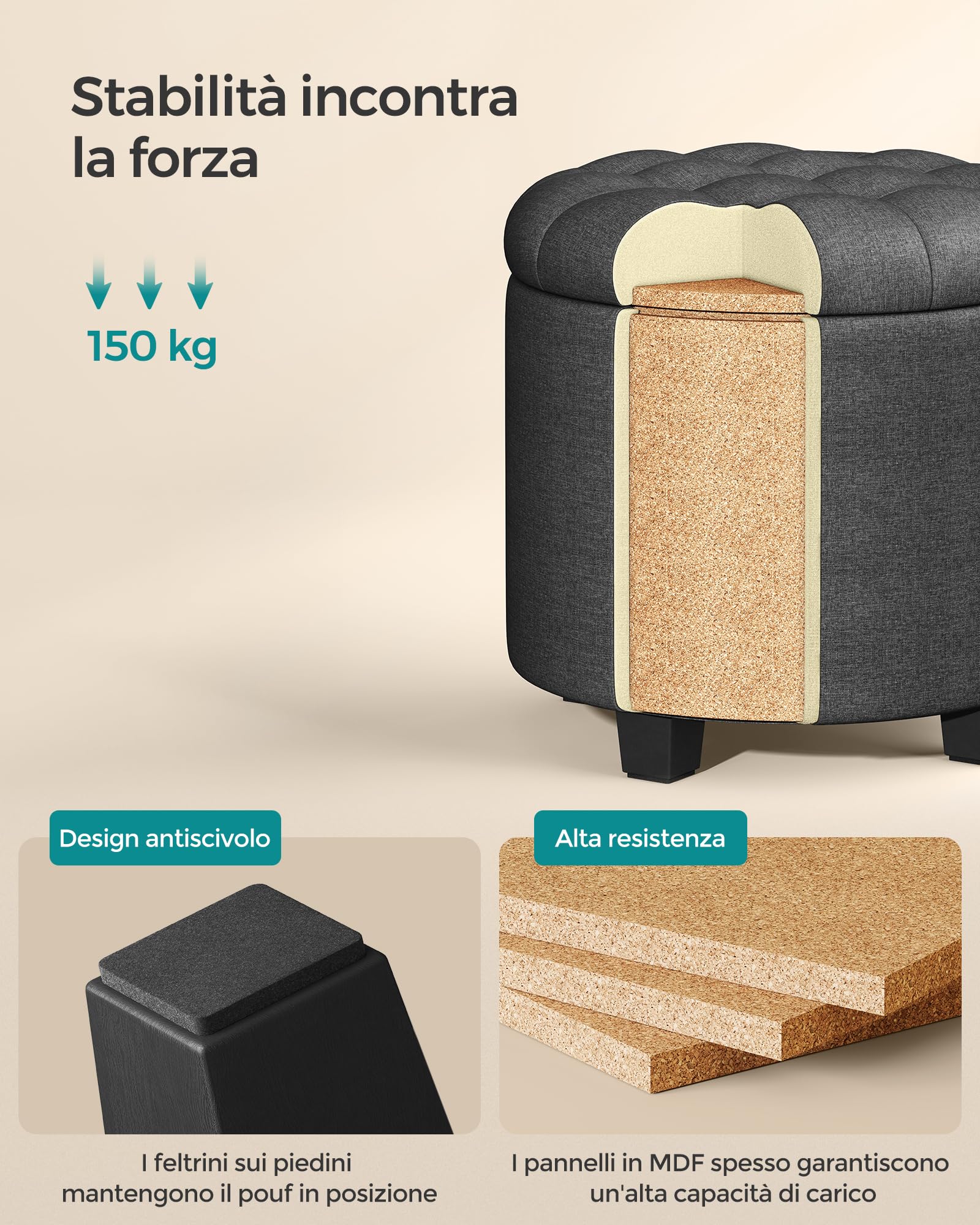 SONGMICS Pouf Contenitore Rotondo, Cassapanca, 45 x 45 x 44,5 cm, Poggiapiedi con Gambe, Tessuto Effetto Lino, Portata Fino a 150 kg, per Soggiorno, Camera da Letto, Grigio Scuro LOM011G01V1