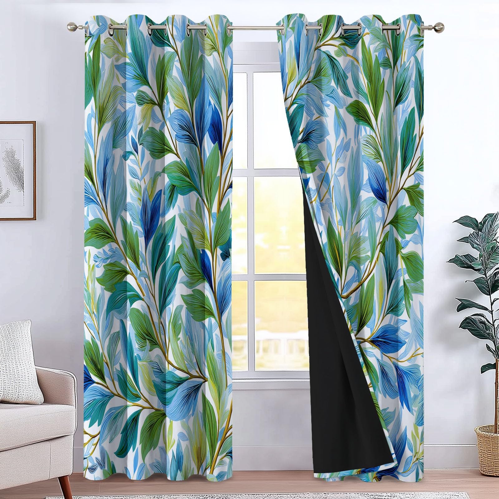 Générique Rideaux Occultants Enfant Rétro Moderne 110 x 215 cm (L x H), Isolation Phonique à Œillets Feuille Saule Imprimé, pour Chambre Garçon (2 Panneaux) Bleu