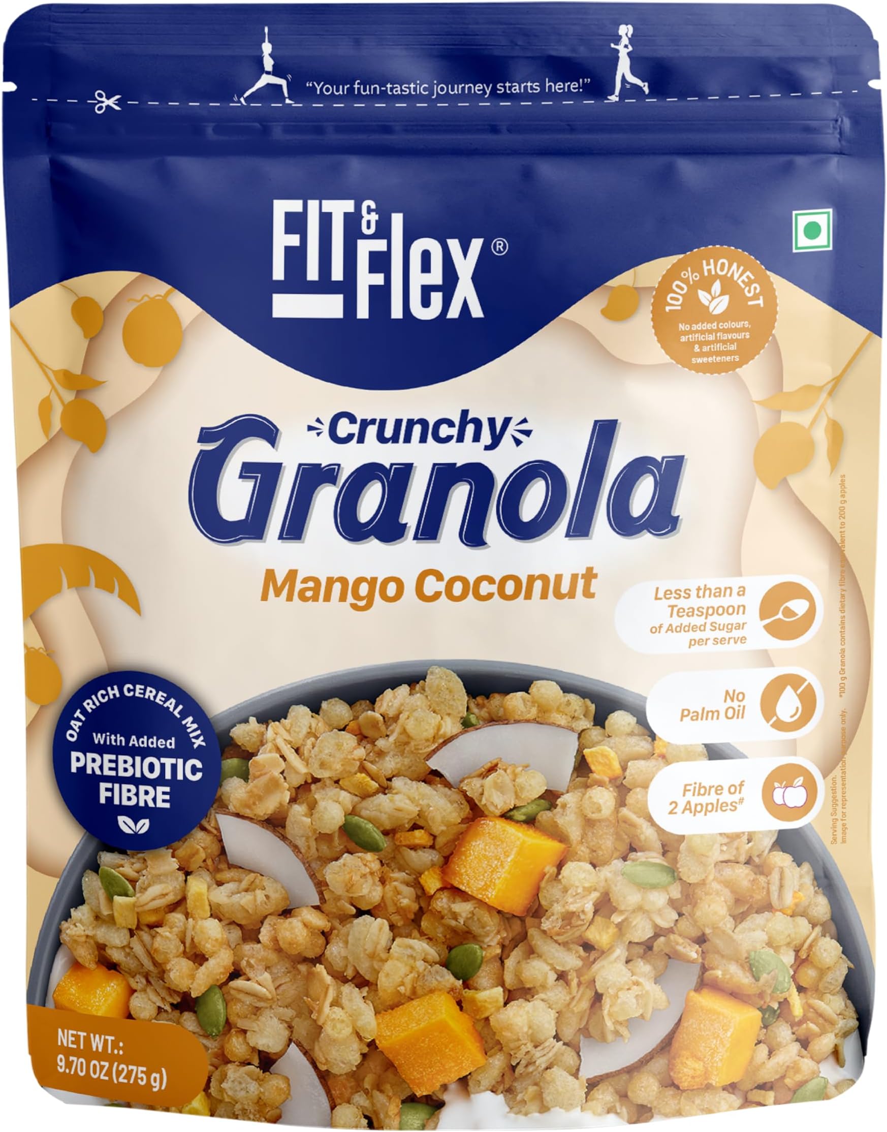 Baked Granola | Mango Coconut | Oat Rich Cereal with Real Freeze Dried Fruits | Ready to Eat Healthy Breakfast Food | Cholesterol Free with Immunity Boosters - 275 GM