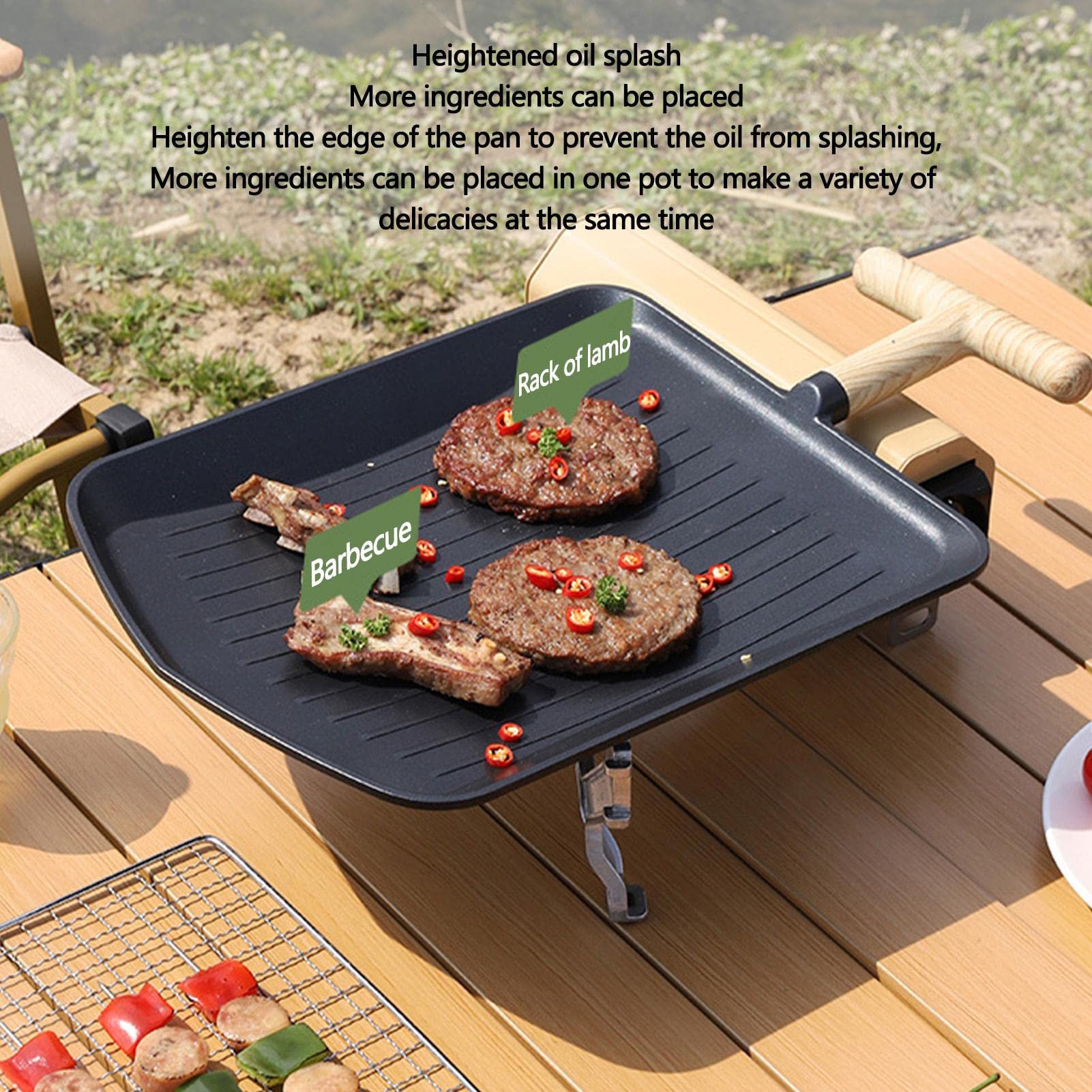 Generisch Per la griglia, manico multifunzione con effetto legno, griglia per cucinare e grigliare in interni, per feste in giardino, grigliare carne e verdure per principianti esperti