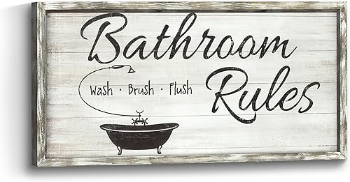 Miniatura 1 de Reglas de baño enmarcadas Arte de pared divertido baño diciendo imagen de madera con citas de inodoro, pintura, obra de arte, baño, bañera,