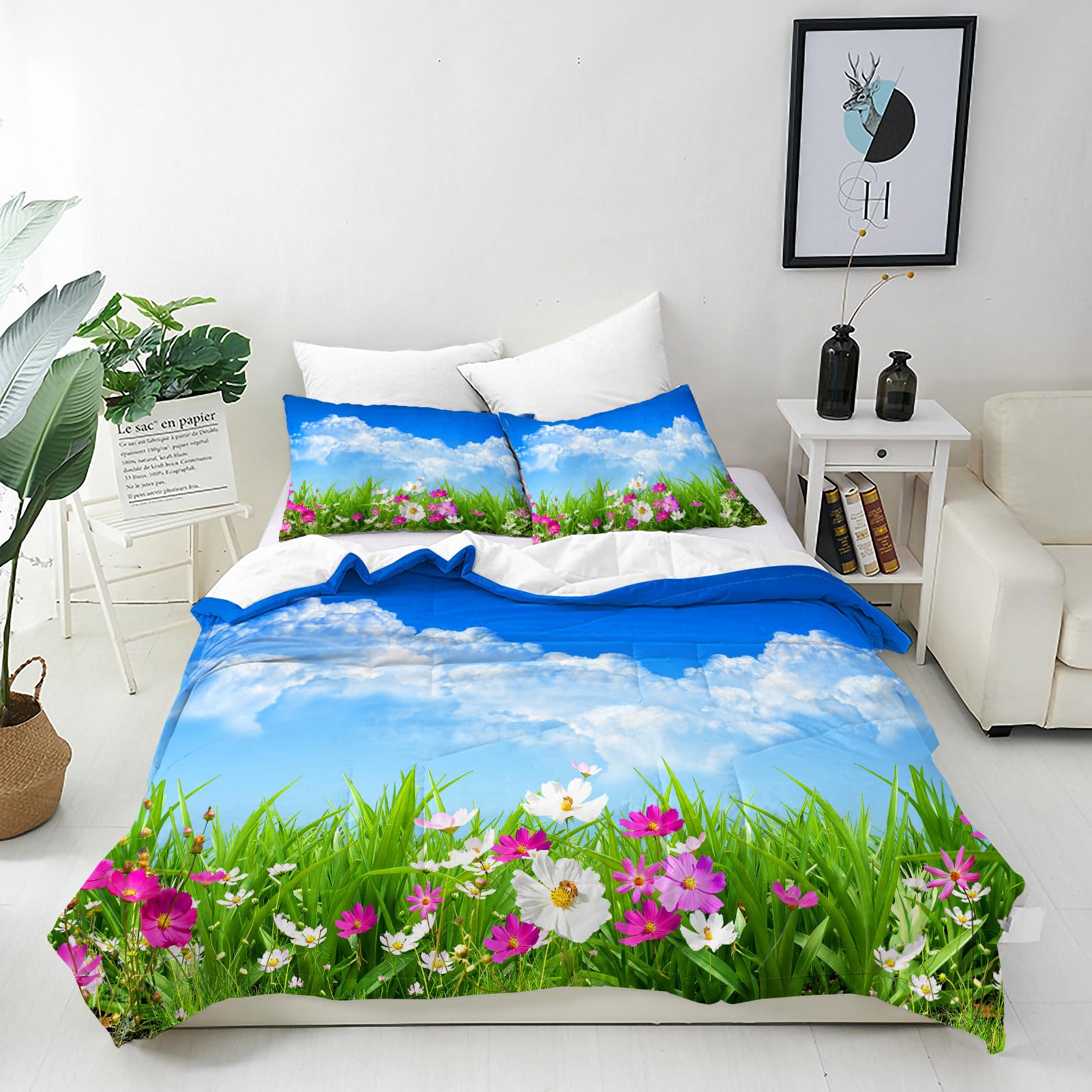 ANHOPE White Cloud Duvet Cover Set Soft 3 Piece Bedding Set Blue Sky Flower Print Pattern Comforter Cover Pillowcase All Season Decor Quilt Cover with Zipper for Kids Adults King โ image 1