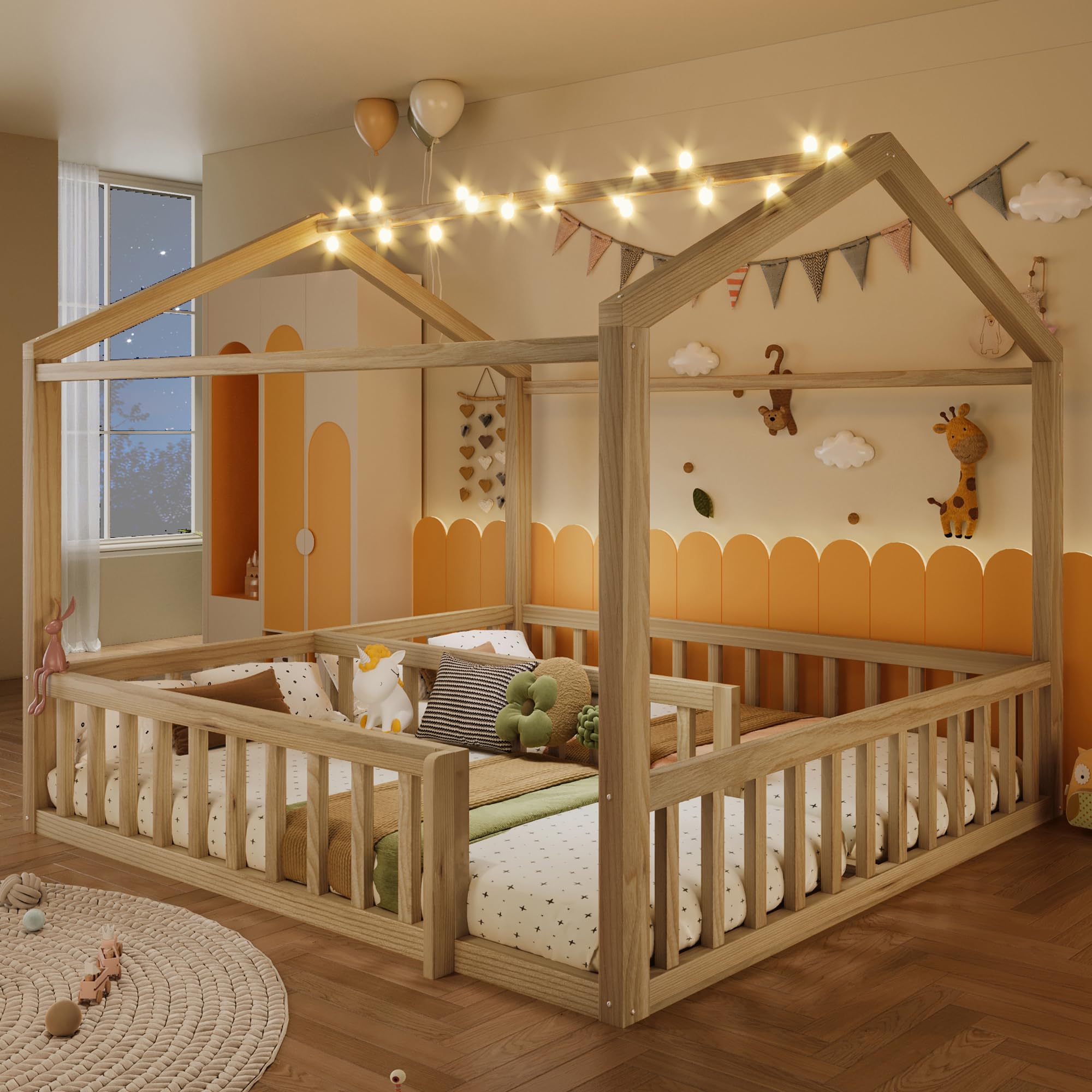 Soweiz Letto piano con rete a doghe, 90 x 190 cm x 2/180 x 190 cm, lettino con griglia, listello in legno di pino, senza materasso, perline LED (naturale)