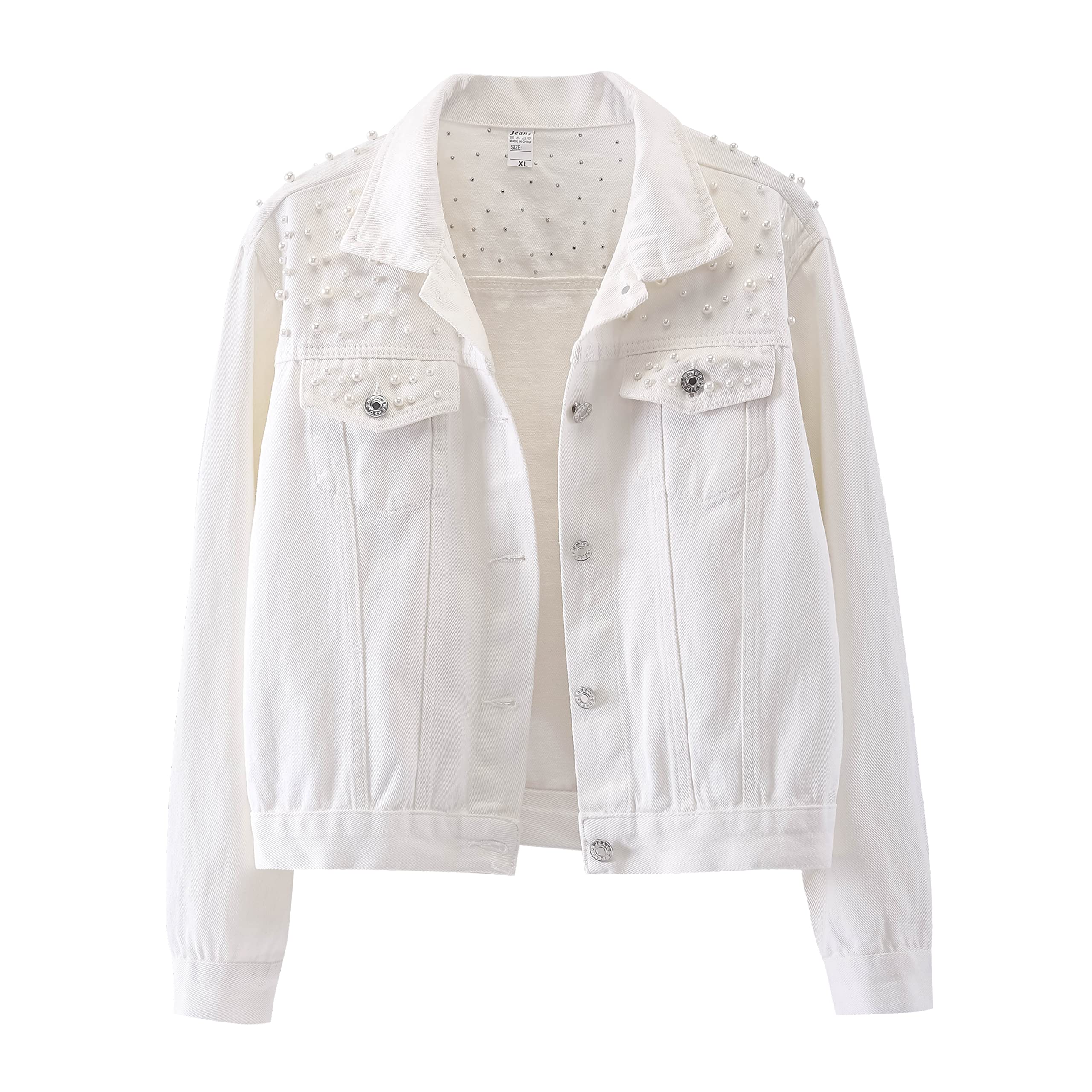 LifeSheWomen's Embroidered Pearls Beading Denim Jean Jacket Coat