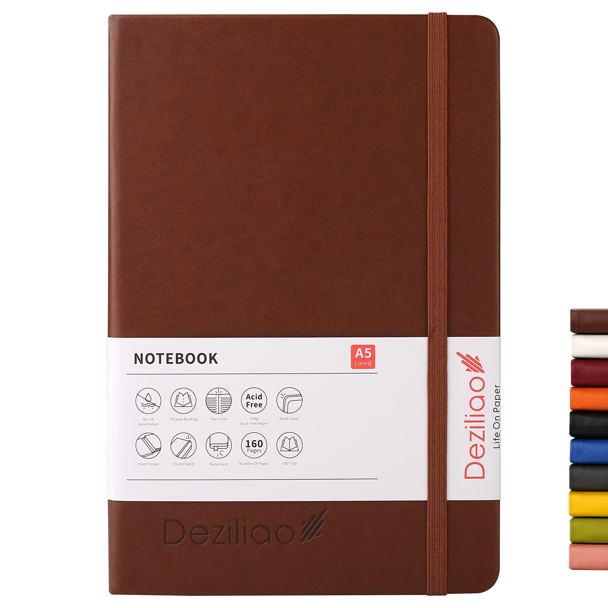 DeziliaoHardcover Notebook Journal 160 Pages, Lined Journal Notebooks for Work, 100Gsm Premium Thick Paper with Pocket, Medium 5.7"x8.4" （Brown, Ruled）