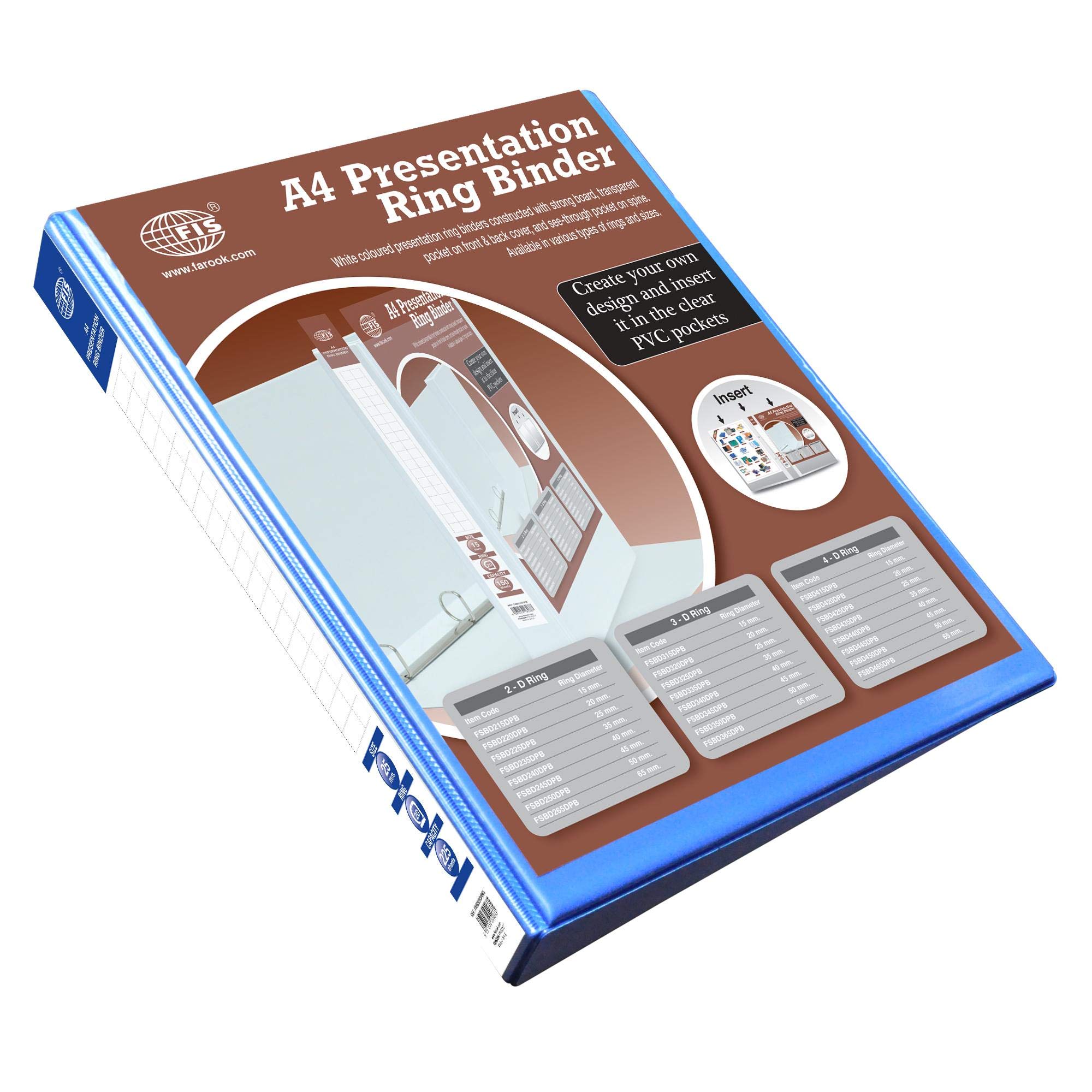 FIS Presentation Binder, 2D Ring Binder, Size Up to A4(210x297mm) Documents, Spine Size 1.50" Inches, Clear PVC Pocket, Easy to Insert Your Cover Design, Blue Color-FSBD225DPBBL
