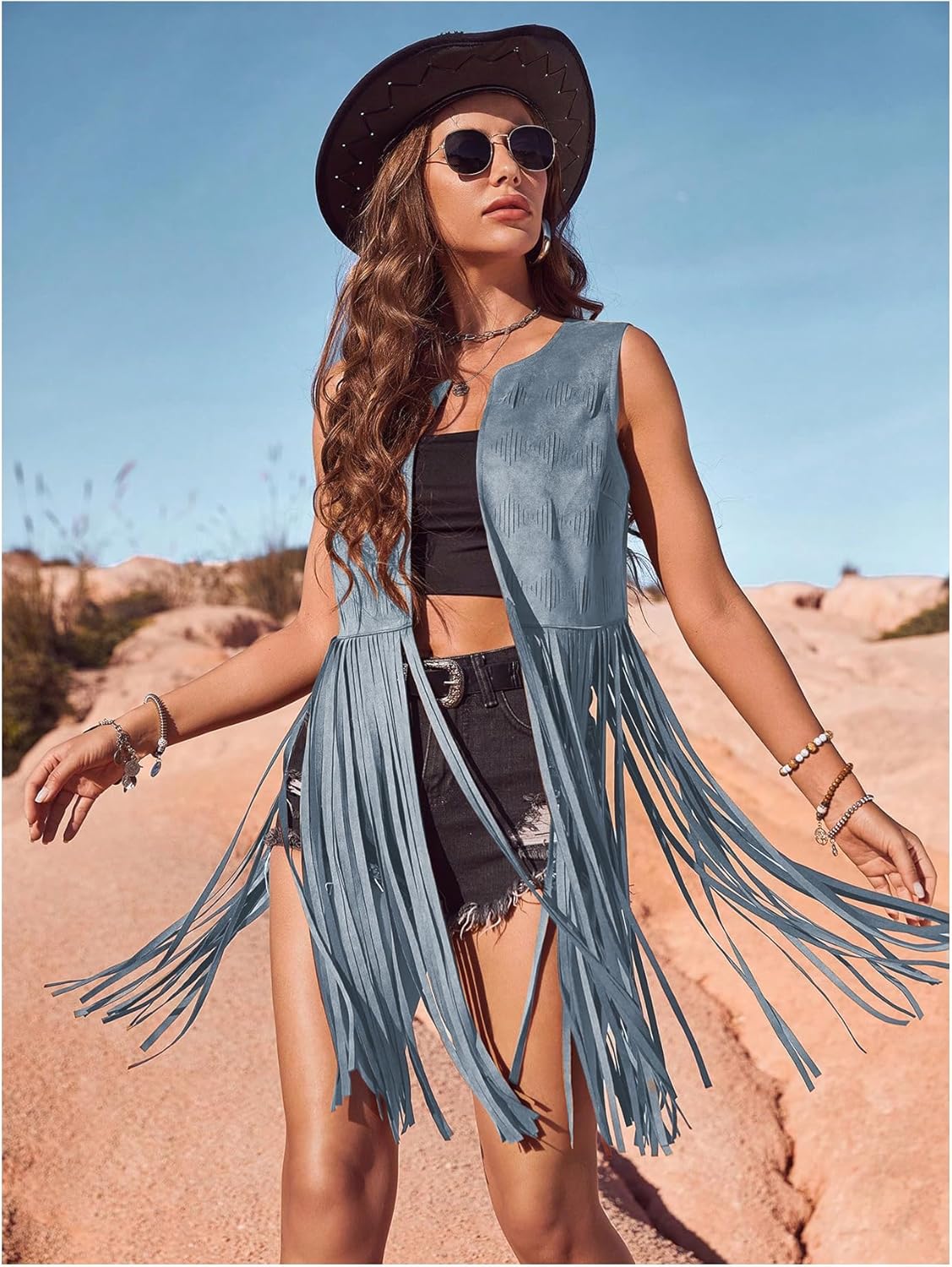 Women's Fringe Vest Sleeveless 70s Hippie Faux Suede Trim Western Cowgirl Tassel Jacket Cardigan - Image 5