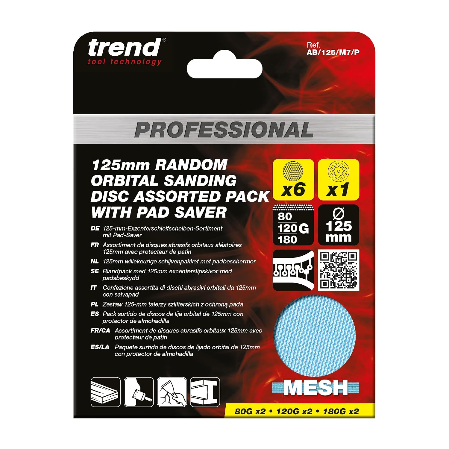 Trend 5 Inch Mesh Sanding Discs with Pad Saver for Random Orbital Sanders, 80/120/180 Grit, 7 Pack, Dust-Free Multi-Grit Abrasive for Wood, Paint, Filler, AB/125/M7/P