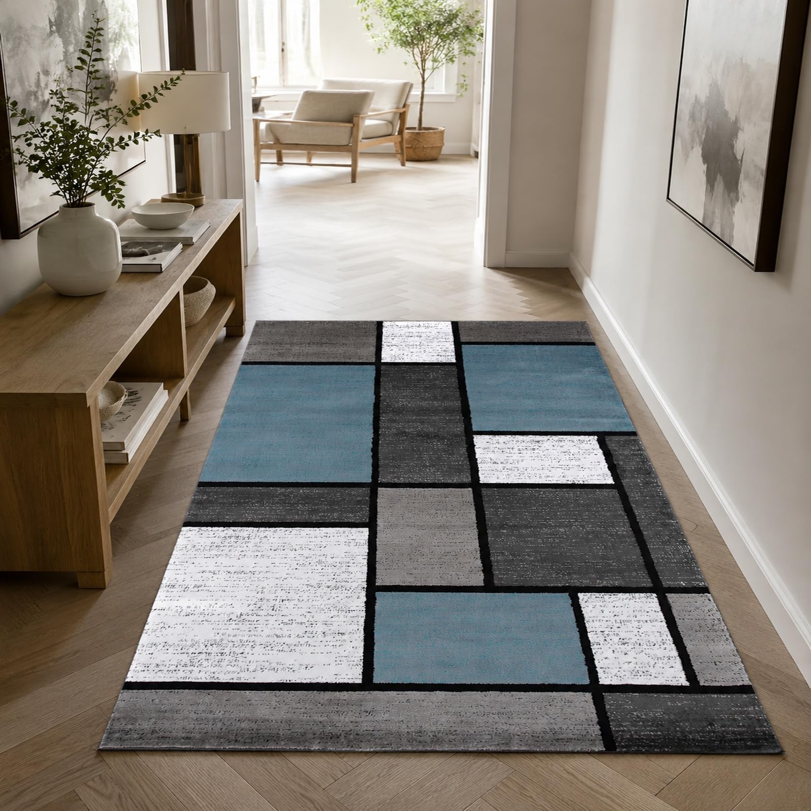Tapis de décoration, géométrique Moderne Bleu, Gris, Blanc, Noir, 120 x 160 cm, Salon Chambre Design Moderne Salle à Manger Cuisine Chevet canapé, Rug for Living Room