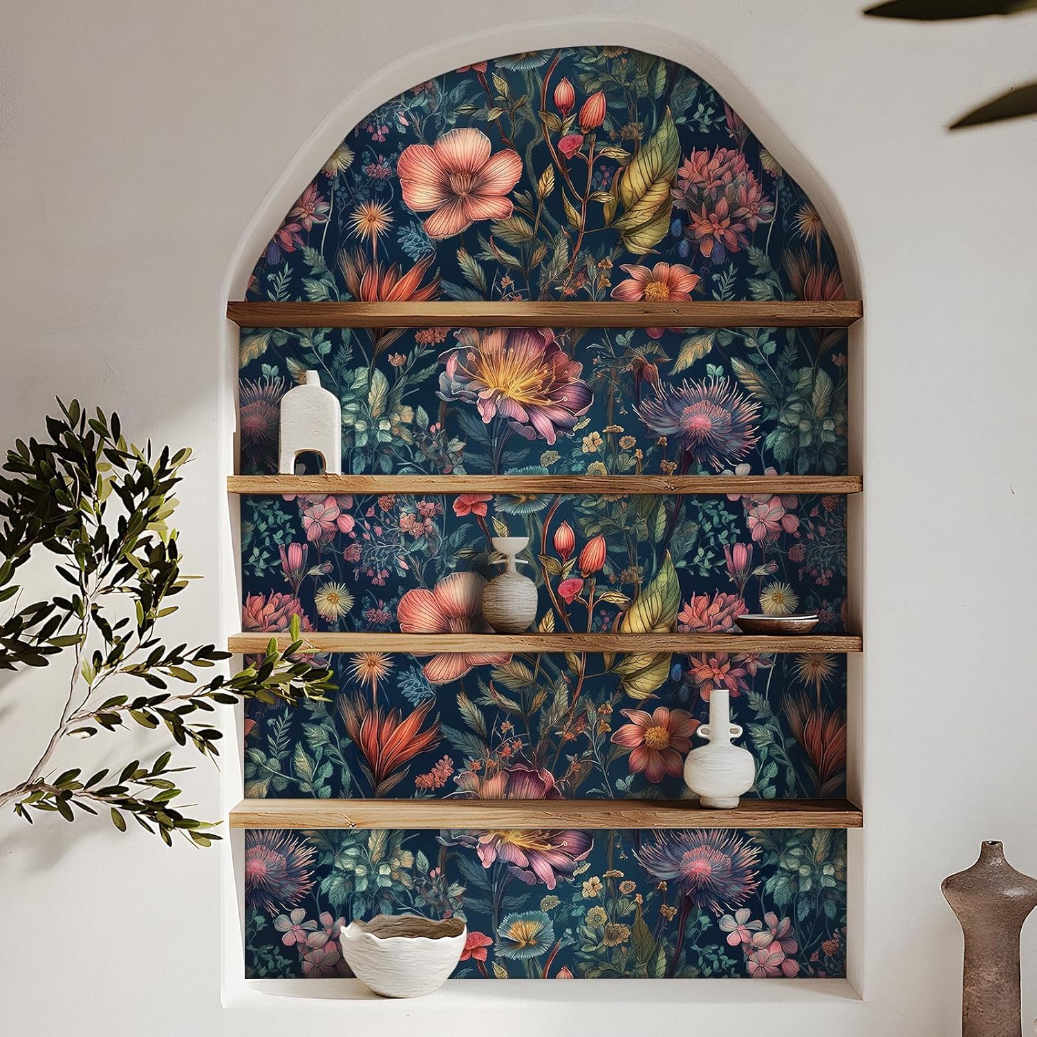 Livelynine 17.5x591" Dark Floral Peel and Stick Wallpaper Boho Navy Blue Teal Hunter Green Orange Purple Flower Prepasted Vintage Dark Academia Wallpapers Removable Shelf Liner Contact Paper Adhesive
