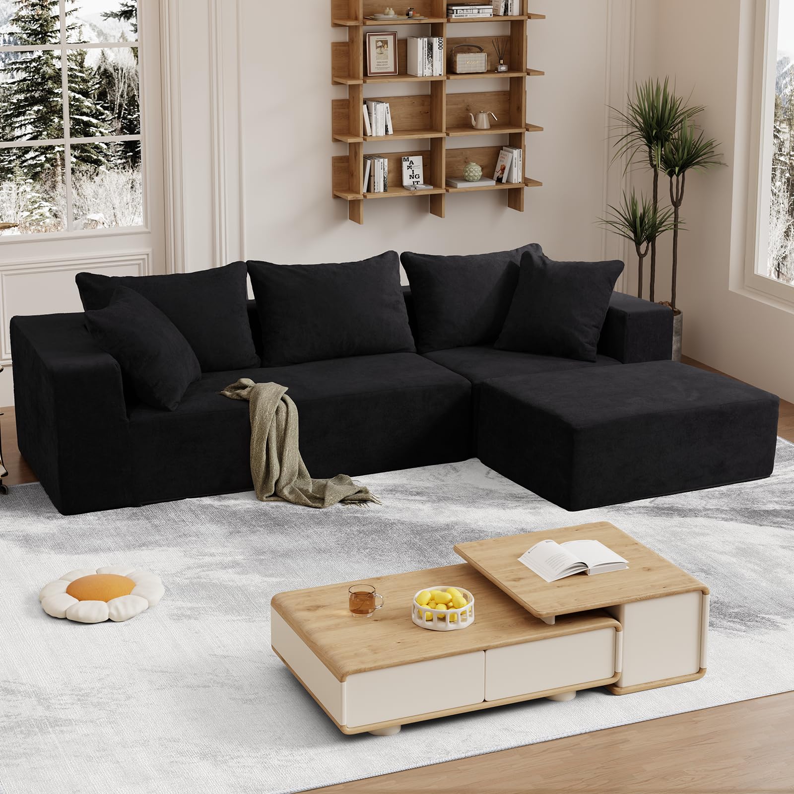 VamcheerModular Sectional Sofa with Ottoman, Modern L Shaped Cloud Couch with Deep Seat, Sectional Couches for Living Room, Apartment, Office, No Assembly Required, Black