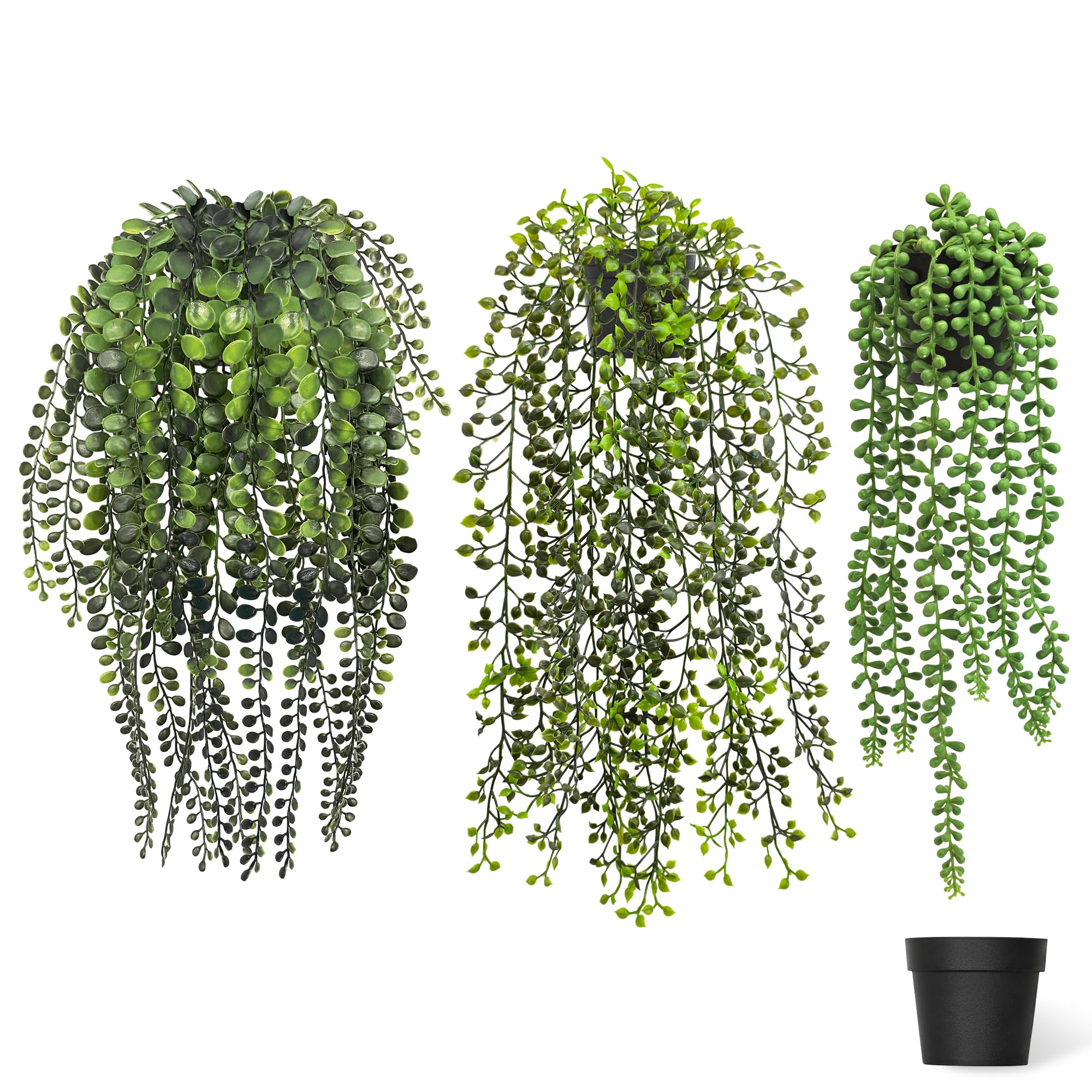 SHEPIN 3 Stück Hängepflanze Künstlich mit Topf, 43-47 cm Kunstpflanze Hängend, Künstliche Hängepflanzen wie echt Artificial Plants Plastikpflanzen Deko für Indoor Outdoor Draußen Garten Deko
