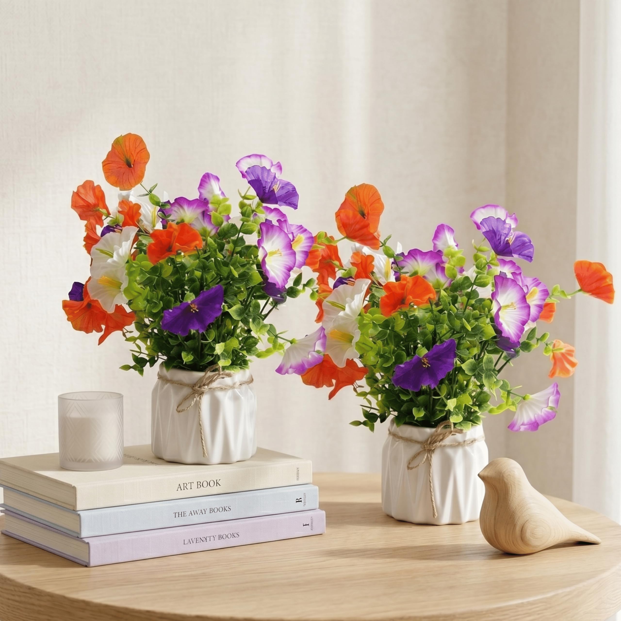 Dekorly Artificial Lavender Plant in White Pot, 18cm – Realistic Faux Flower Arrangement for Home & Office Décor (Set of 1) (2, Morning Glory Flower)