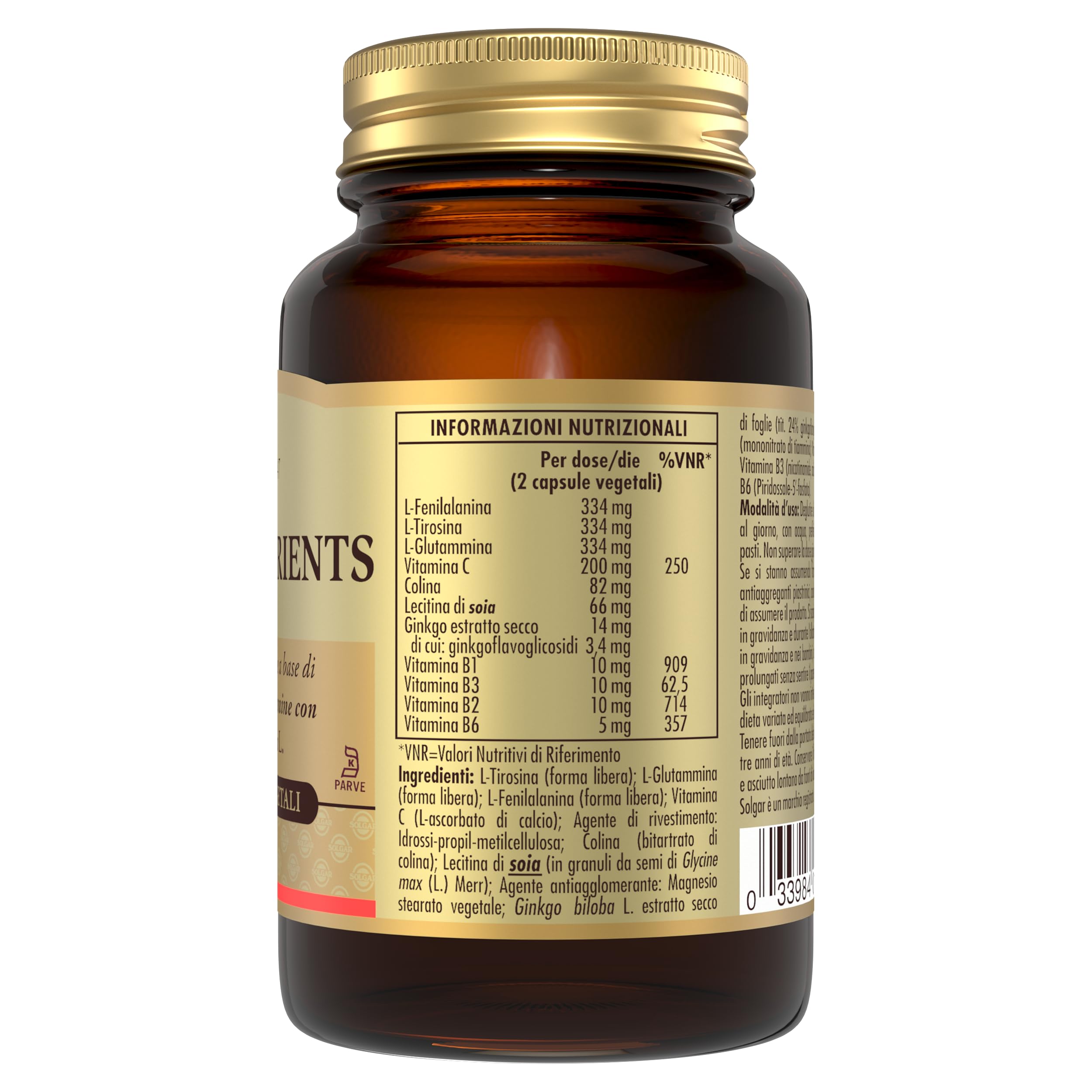 Solgar NEURO NUTRIENTS – Amminoacidi, vitamine del gruppo B e Ginkgo biloba, 30 capsule vegetali