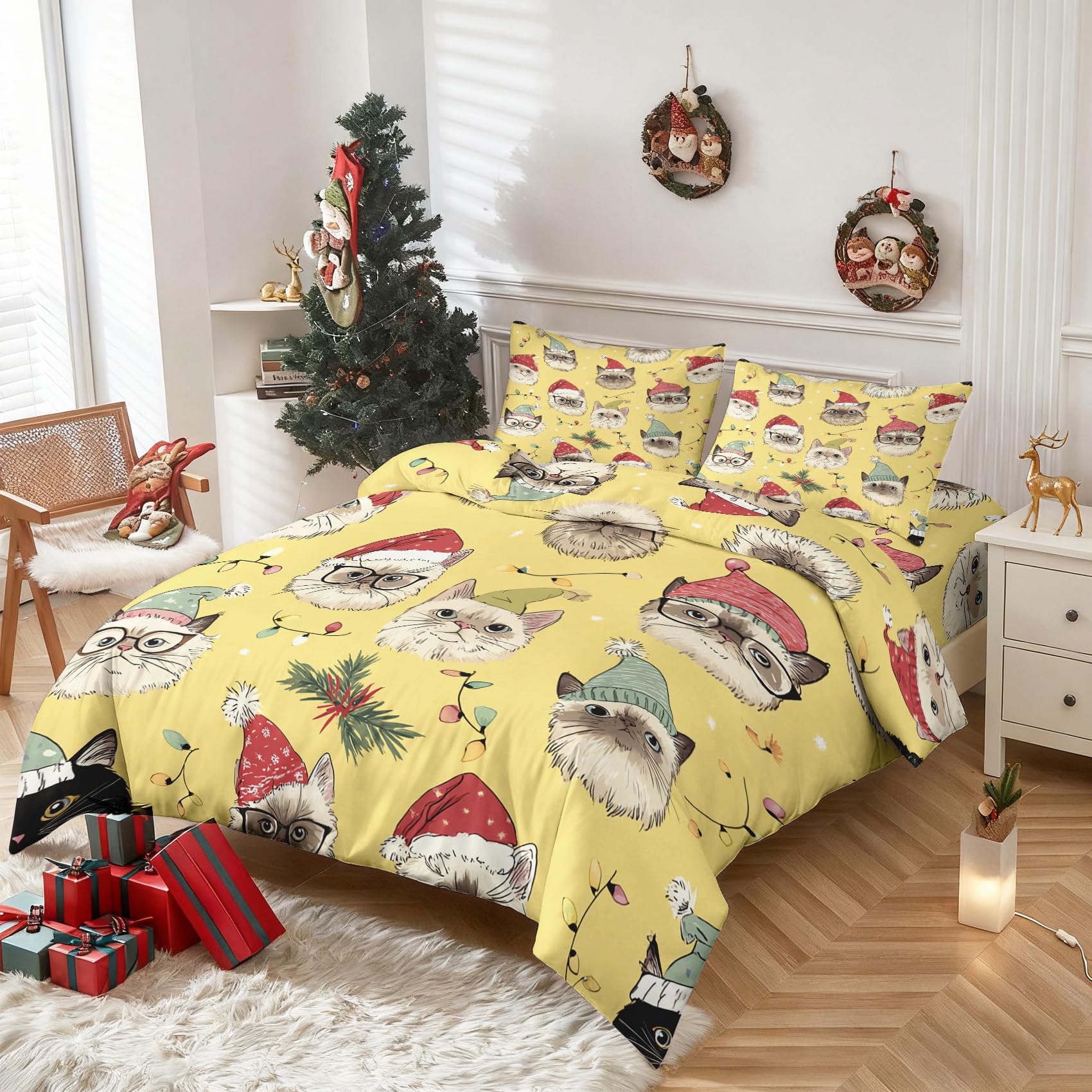 Double Duvet Cover Set Christmas Cat Santa Hat, Reversible Double Bedding Sets Cute Pet Xmas Pattern for Bedroom Decor, Soft Microfibre Quilt Cover, 2 Pillowcases, Zip XHDB13