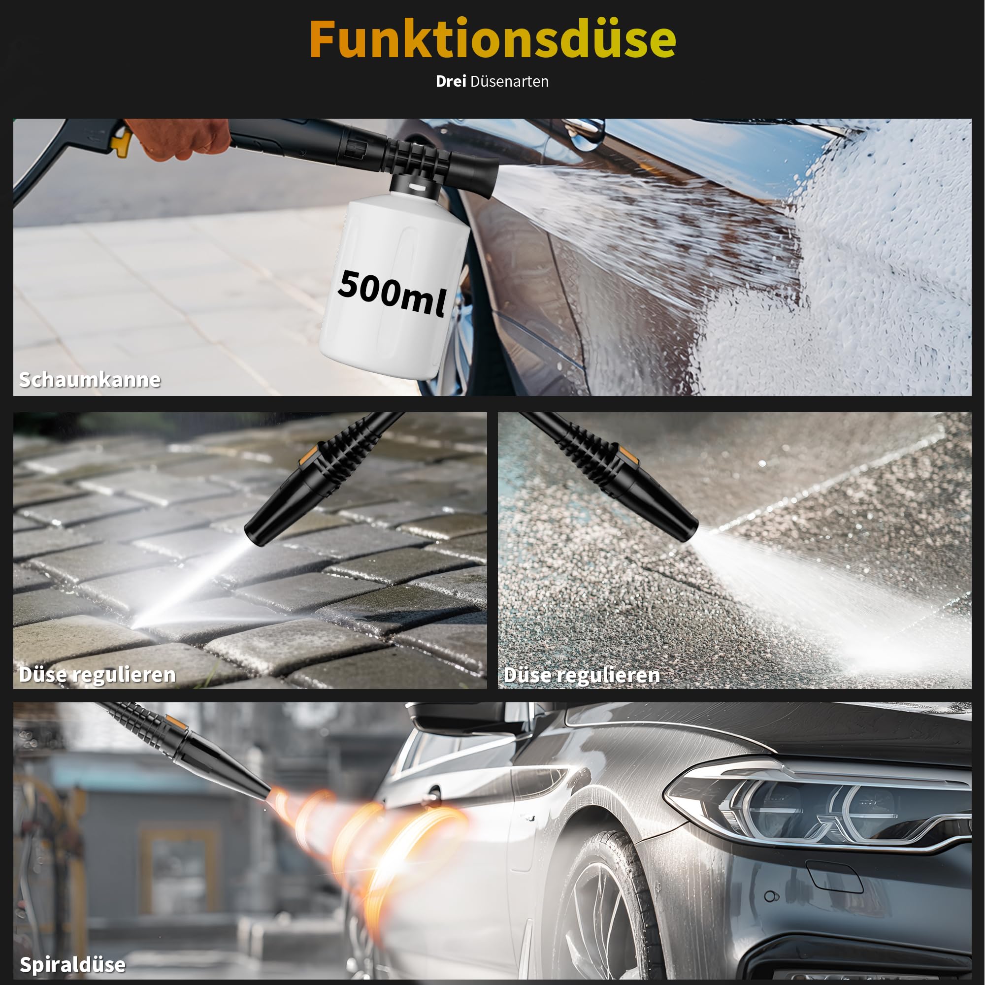 2026New Hochdruckreiniger Touchscreen 8-stufiger 200 Bar, 6-in-1-Düse, 90cm Gerätehöhe, Einstellbarer Druck 100-200bar, Fördermenge 280-500l/h, Flächenleistung 60m²/h, mit Schaumkanone Schlauchtrommel
