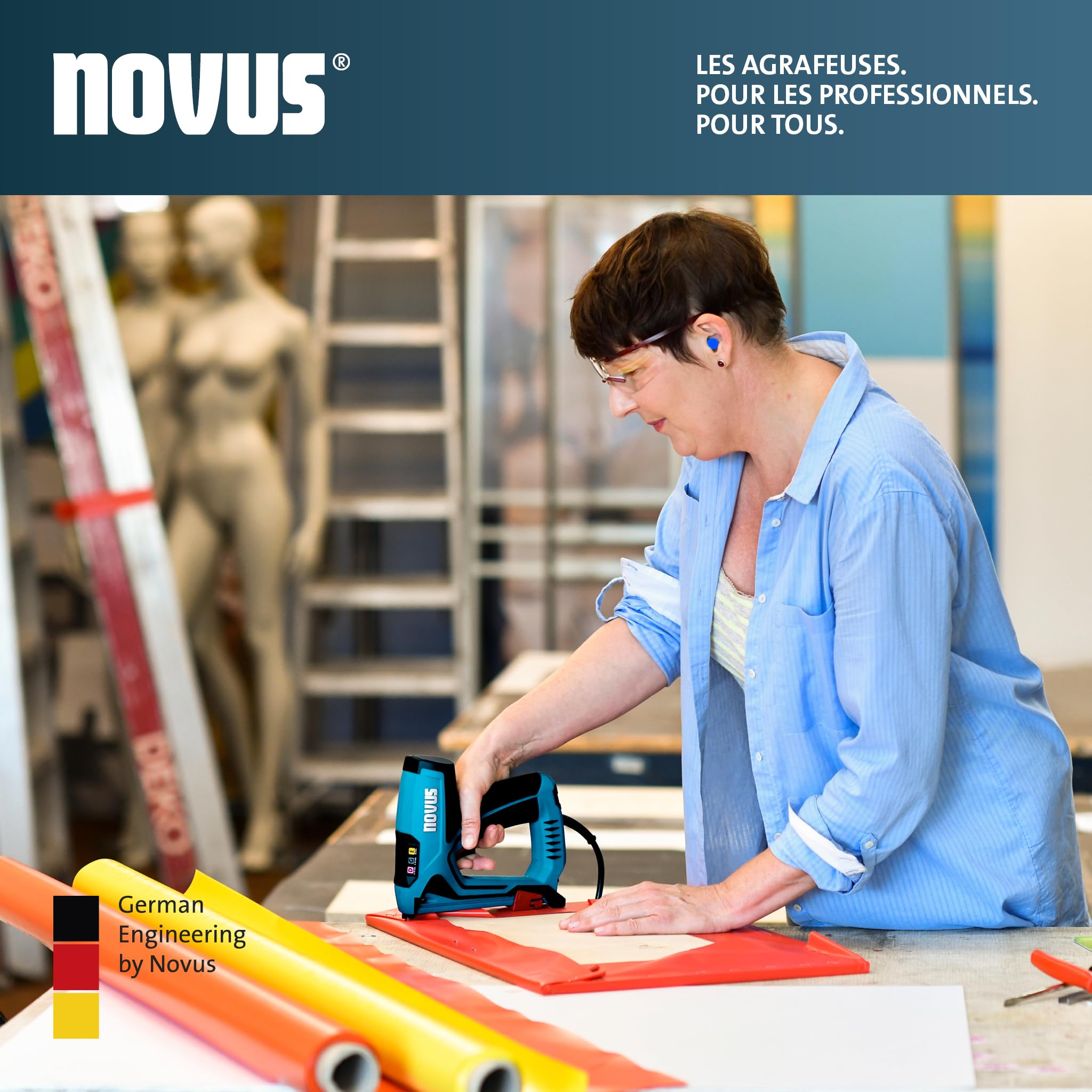 NOVUS TOOLS Agrafeuse électrique J-151 Kit avec 1200 agrafes | Agrafeuse et cloueuse pour agrafes en fil plat 6-14 mm et clous 16 mm │ Avec réglage électrique de la puissance de frappe