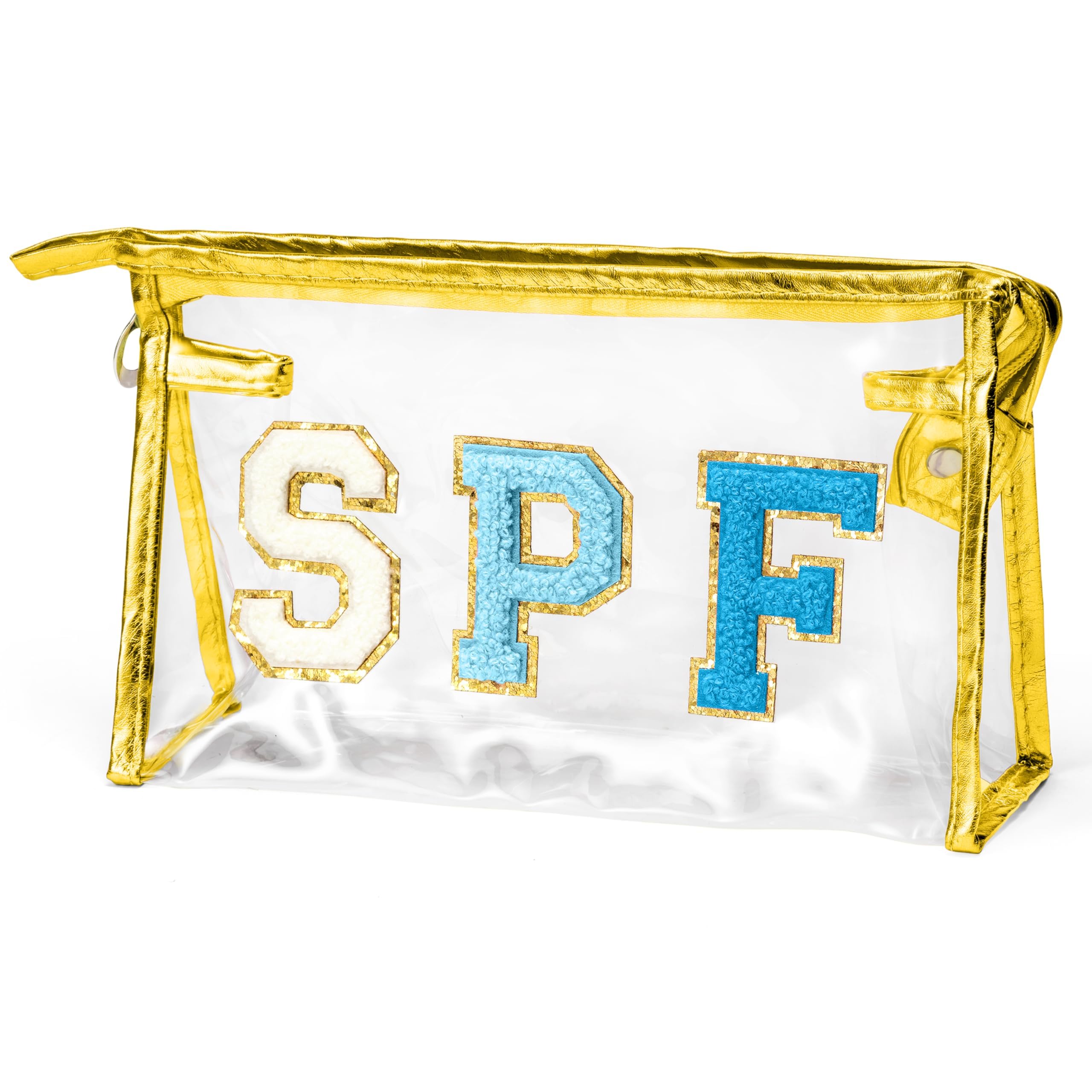 AsodSway Preppy SPF Cosmetic Bag - SPF Chenille Varsity Letter Clear Toiletry Bag Summer Golden Aesthetic Waterproof Portable Makeup Bag Transparent