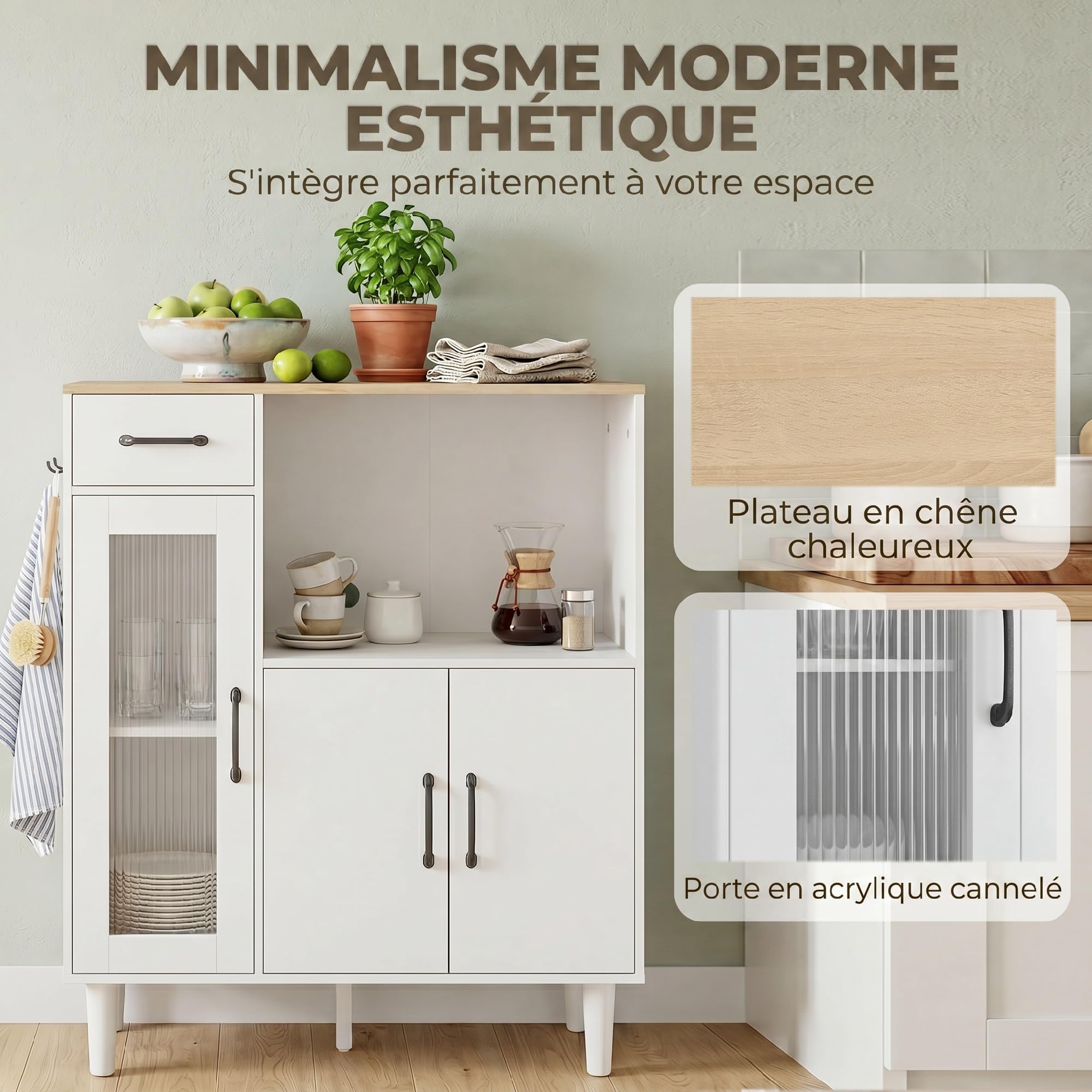 HOMCOM Buffet Cuisine 1 Tiroir 3 Portes 80 x 34 x 91 cm Blanc et Chêne