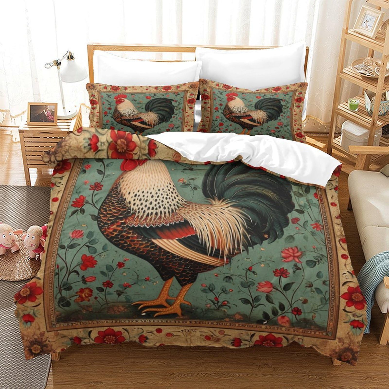 P1s9u7w5y Gallic Rooster-8 Vintage Country 3D Printed Rooster Duvet Cover Set 3Pcs Microfiber Farmhouse Bedding Set King（220X240cm）